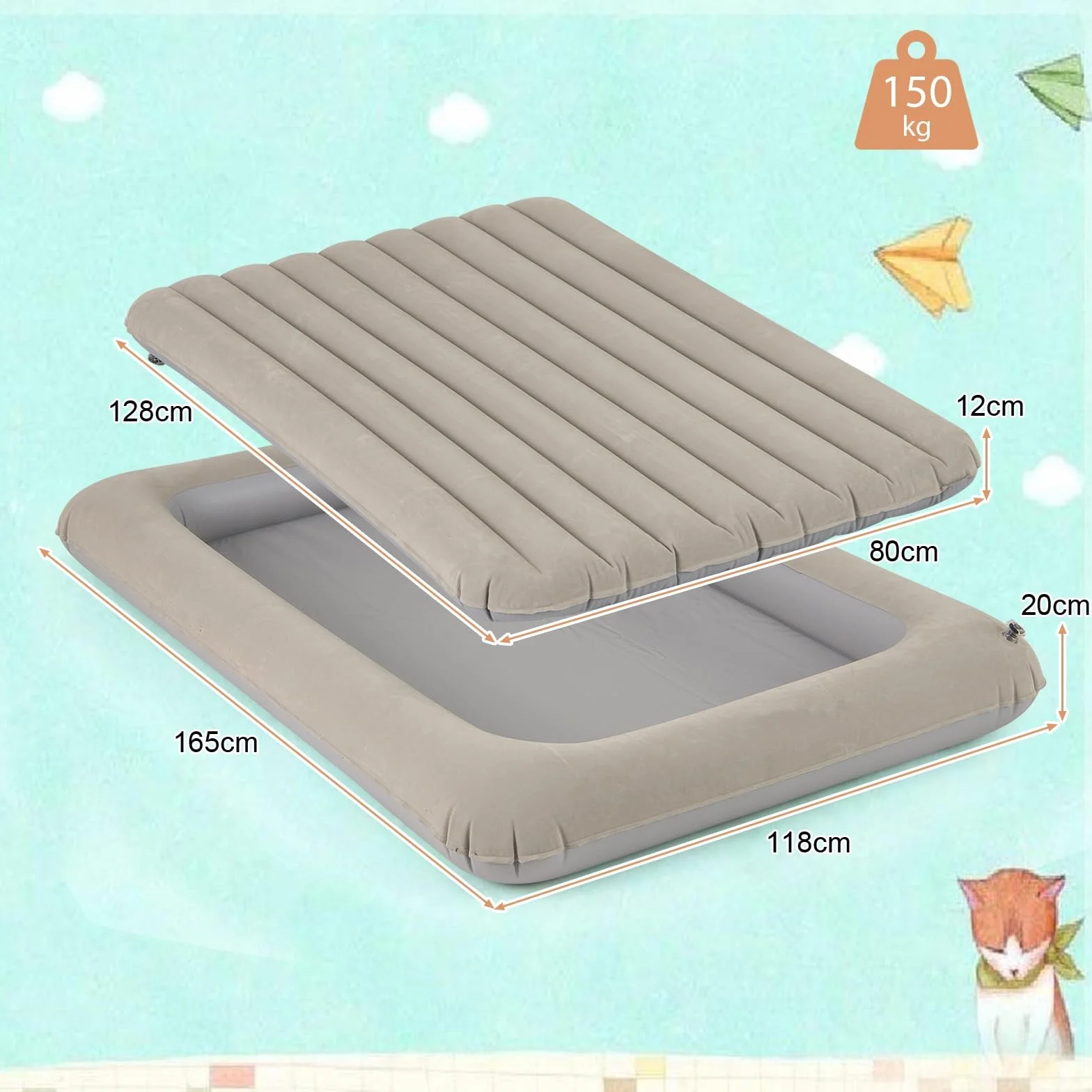 LIFEZEAL Materassino Gonfiabile per Bambini, Materasso Floccato, Lettino, Portabile, Parco di Gioco, Staccabile, con Tasca, Pompa Elettrica, Kit di Riparazione, Max 150 kg, 165x118x20 cm (grigio)