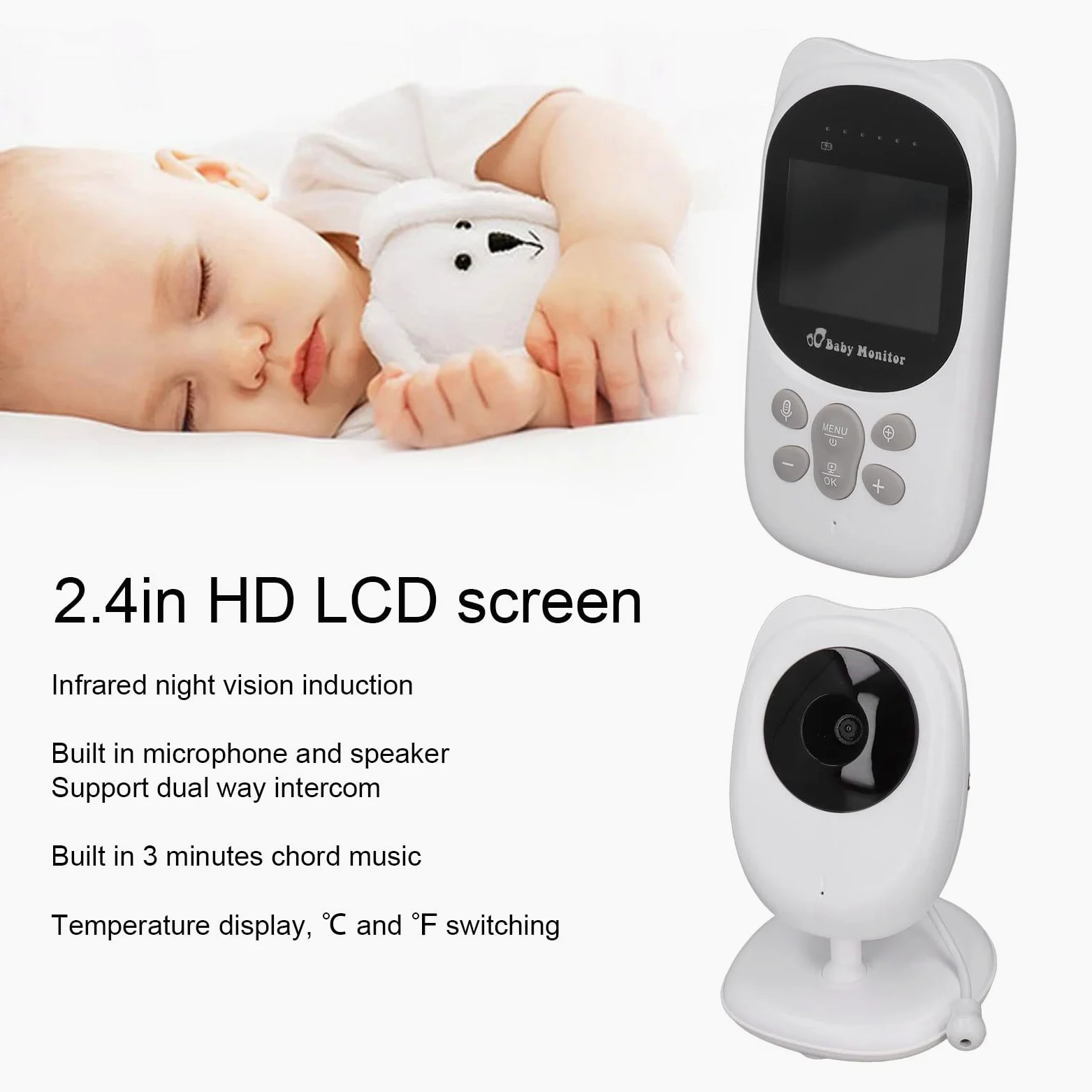 Baby Monitor, Schermo LCD HD da 2,4 Pollici Induzione a Infrarossi Citofono Bidirezionale Baby Camera Monltor, Funzione Musicale Visualizzazione Della Temperatura Ottica Infantile Baby Monitor(UE)