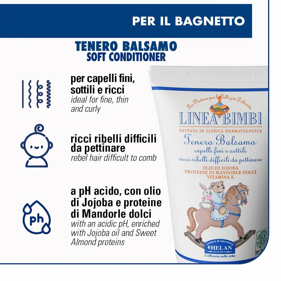 Helan, Linea Bimbi - Balsamo Capelli Ricci e Difficili da Pettinare Bambini, Districante Capelli Fini e Sottili Bambino e Bambina con Olio di Mandorle Dolci e Jojoba, Senza Parabeni e Siliconi - 50 ml