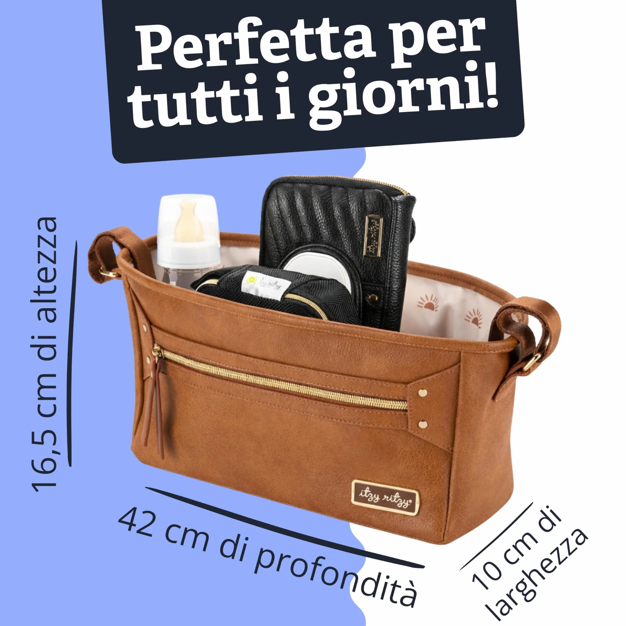 Itzy Ritzy Organizer regolabile per passeggino, dotato di due tasche frontali integrate con cerniera e cinghie regolabili per adattarsi a quasi qualsiasi passeggino, caffè e crema