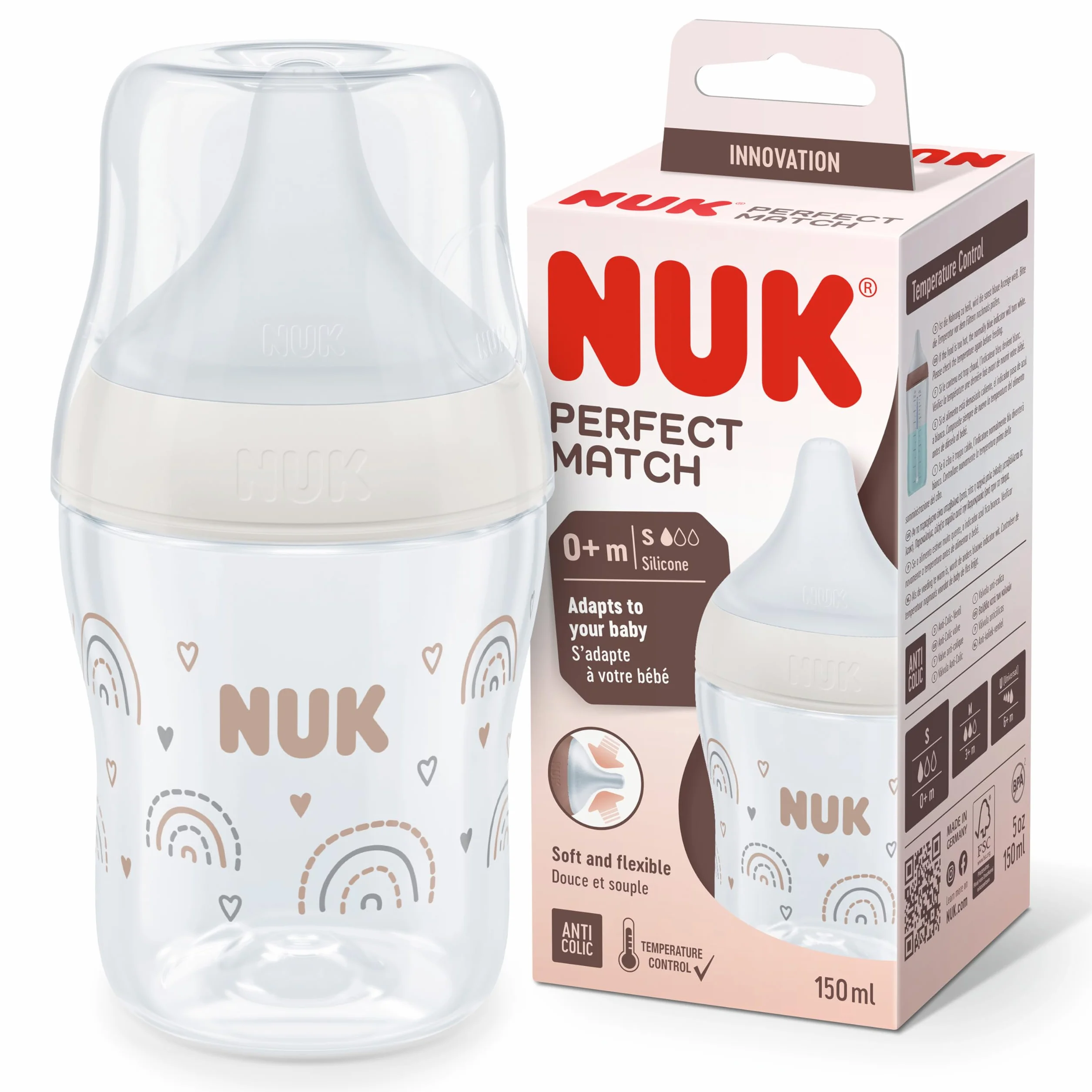 NUK biberon Perfect Match | 0+ Mesi | Si adatta al palato del bambino | Controllo della temperatura | Sfiato anti-colica | 150 ml | Senza BPA | Tettarella piccola in silicone | Arcobaleno