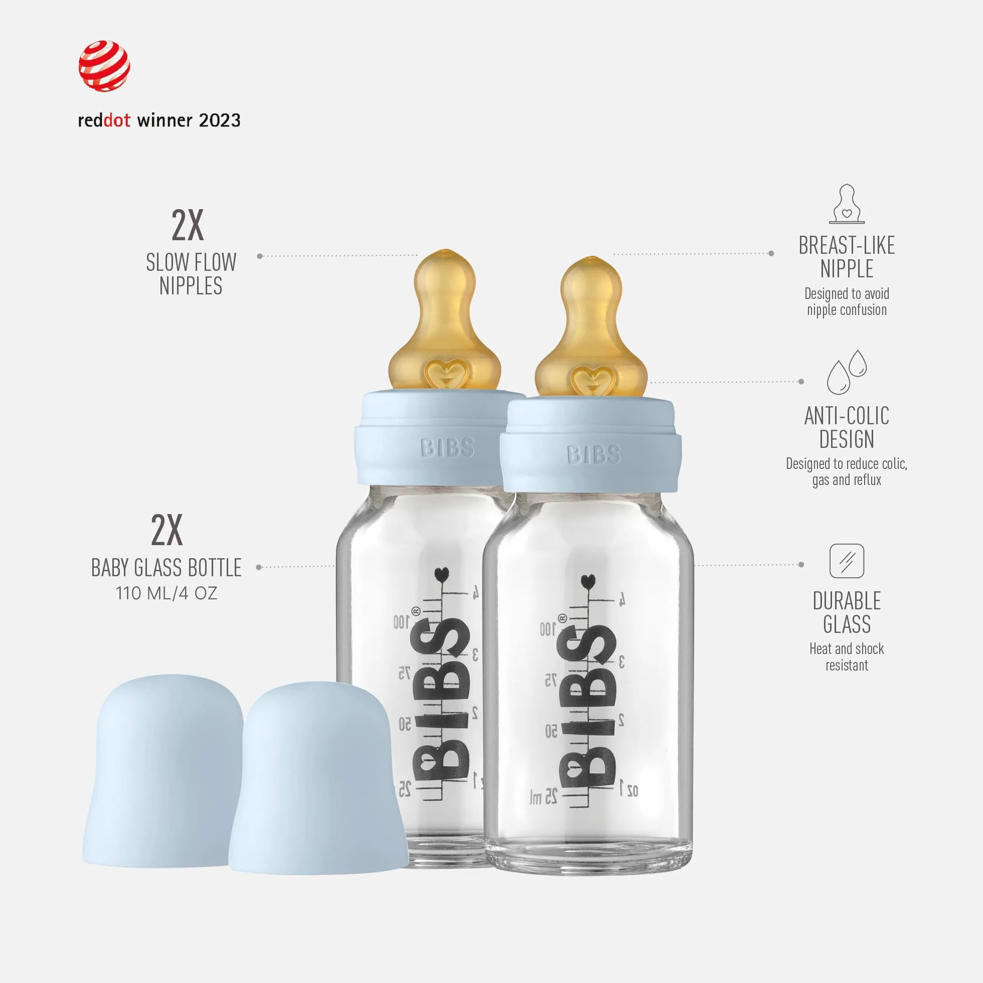 Biberon in vetro BIBS. Set di 2. Anti-coliche. Tettarella rotonda in lattice di gomma naturale. Favorisce l'allattamento naturale al seno, Complete Set - 110 ml (Pack of 2), Baby Blue