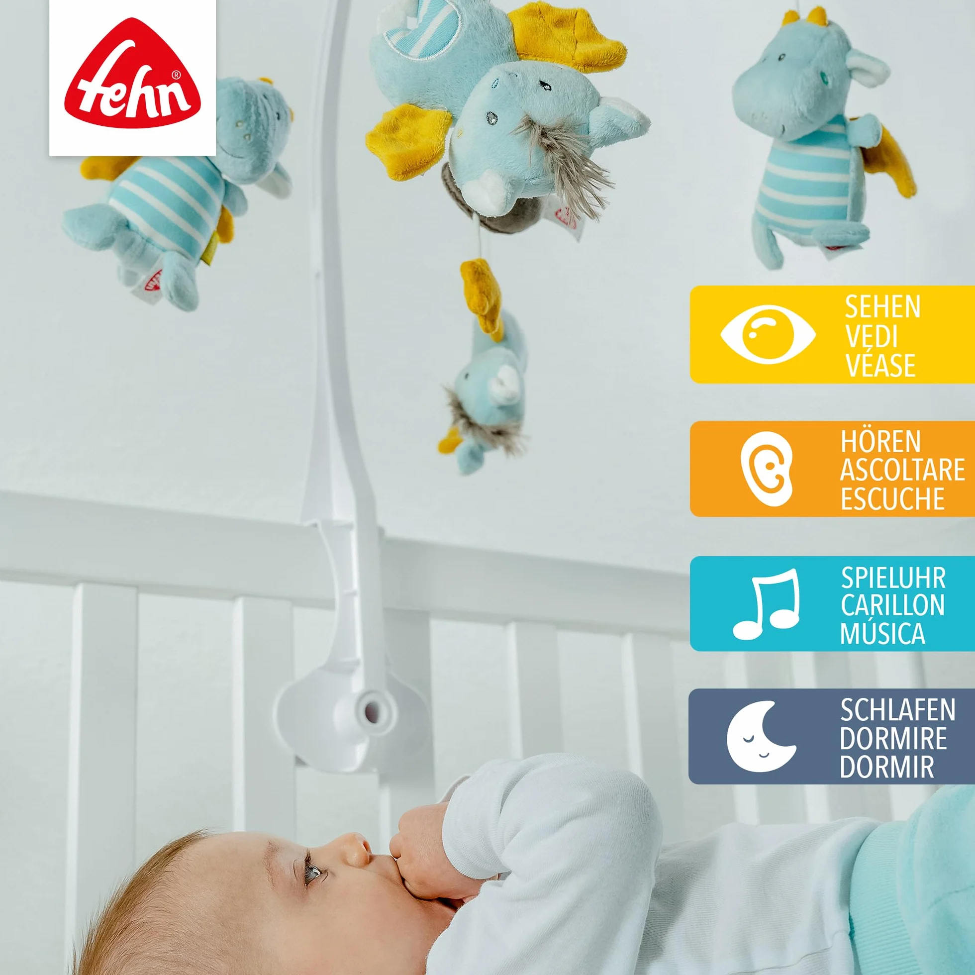 Fehn giostrina musicale Little Castle - mobile da appendere con melodia musicale ninna nanna di Mozart e personaggi per calmare e intrattenere - Con fissaggio al letto per bambini da 0 a 5 mesi