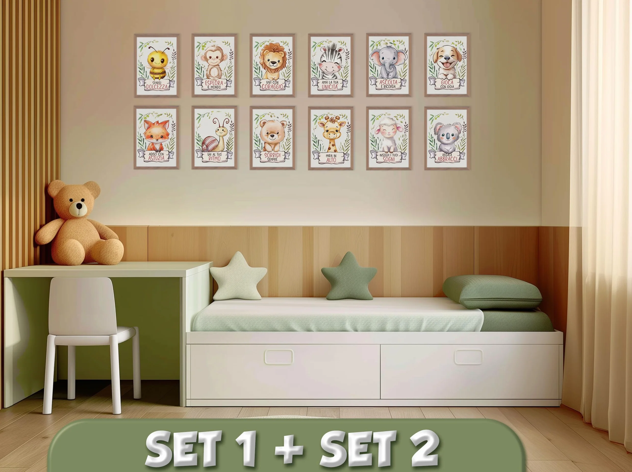 Set 6 poster animali decorativi per la cameretta dei bambini, quadri con simpatici e dolci animali e frasi motivazionali per bambino bambina, decorazioni formato A4. In italiano. Cornici non incluse
