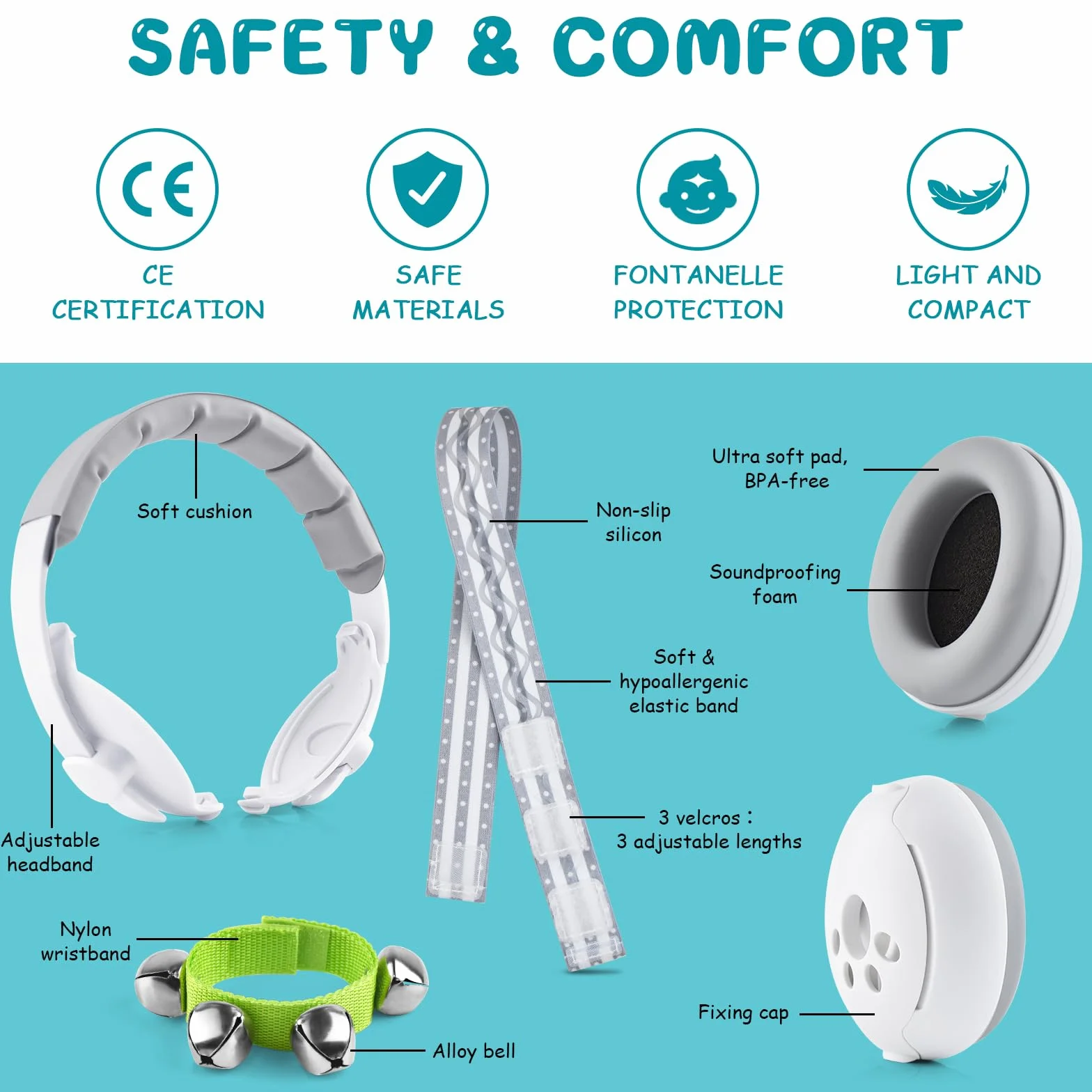 2 in 1 Cuffie Neonato Antirumore Neonati Bambini 0-4 anni Insonorizzate Rumore Aereo Concerto Bambina Protettori Acustici Protezione Udito Acustica Cuffia Morbida Baby Earmuffs + Campanelle da Polso