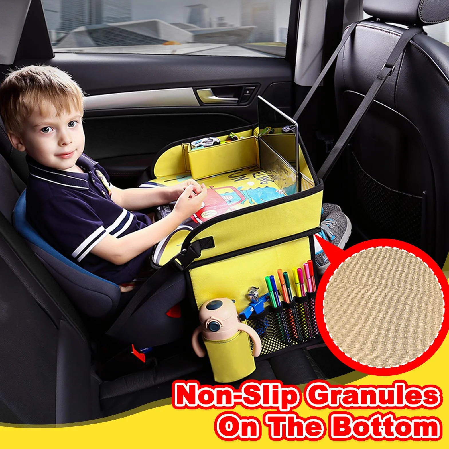 vassoi per viaggi per bambini in auto, vassoi pieghevoli per auto per bambini con superfici cancellabili e grande spazio di stoccaggio per carrozzino auto, seggiolini per attività di viaggio
