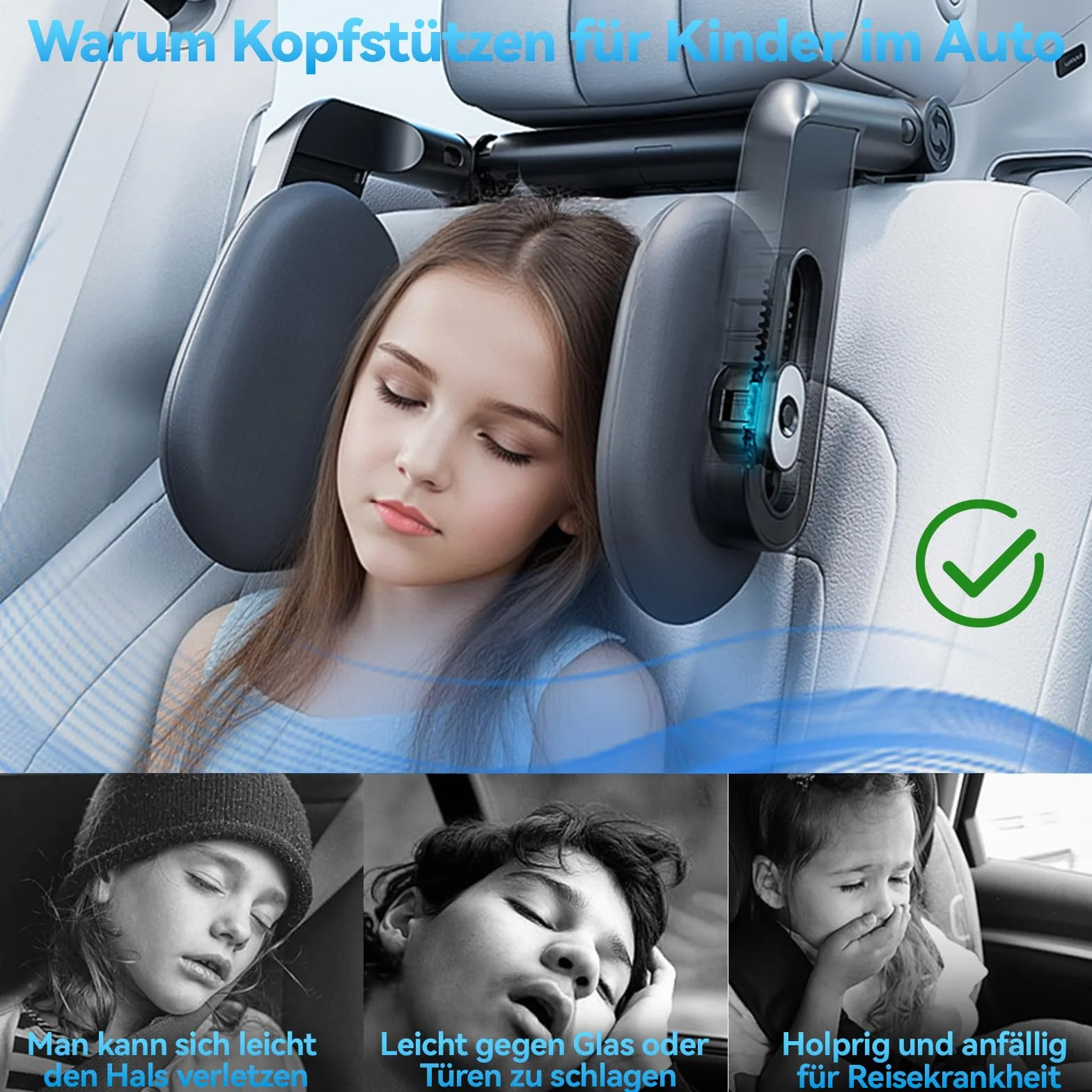 Testiera per auto, per bambini, 2025, versione aggiornata, a tre assi, regolabile, per auto, adatto per dormire, lunghi viaggi, poggiatesta auto, cuscino cervicale per bambini