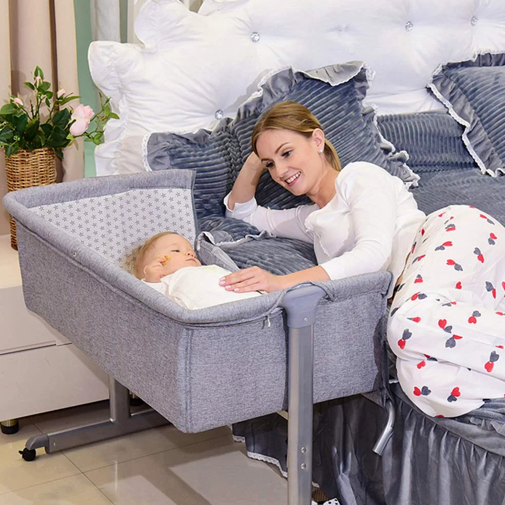 OHMG 2 in 1 Culla Co-sleeping con materasso e zanzariera,Cododo Relevable Camera Bambino Completa con Materasso e Zanzariera per Neonati da 1-36 Mesi,Culla Fianco Letto (96x57x77cm (grigio))