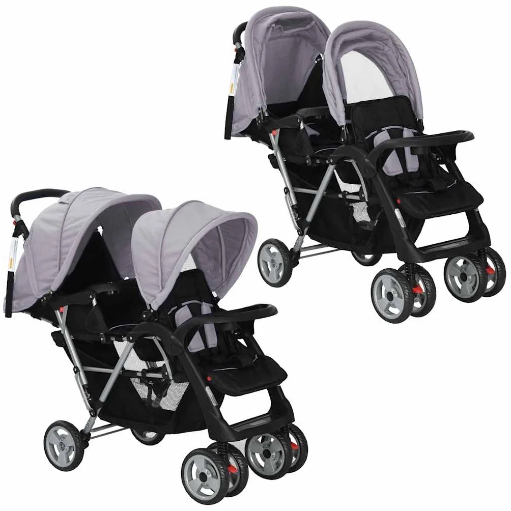 vidaXL Passeggino Gemellare a Tandem in Acciaio Grigio e Nero Carrozzina Bimbi