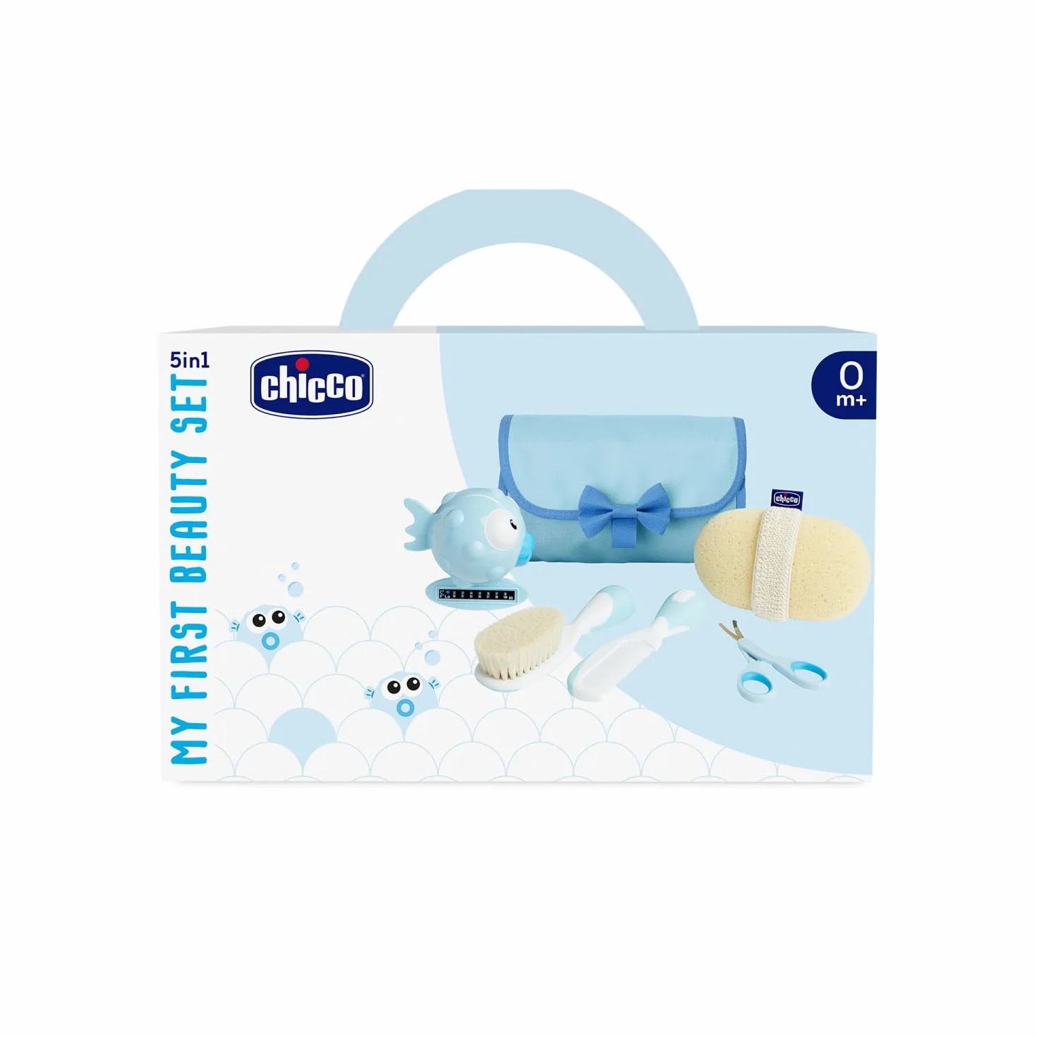 Chicco Set Bagnetto per Bambini, Idea Regalo, Idea Regalo Nascita, con Pettine, Spazzola Morbida, Termometro, Guanto Da Bagno In Spugna E Un Paio Di Forbici, Igiene Neonato, Prodotti Bagnetto, Azzurro
