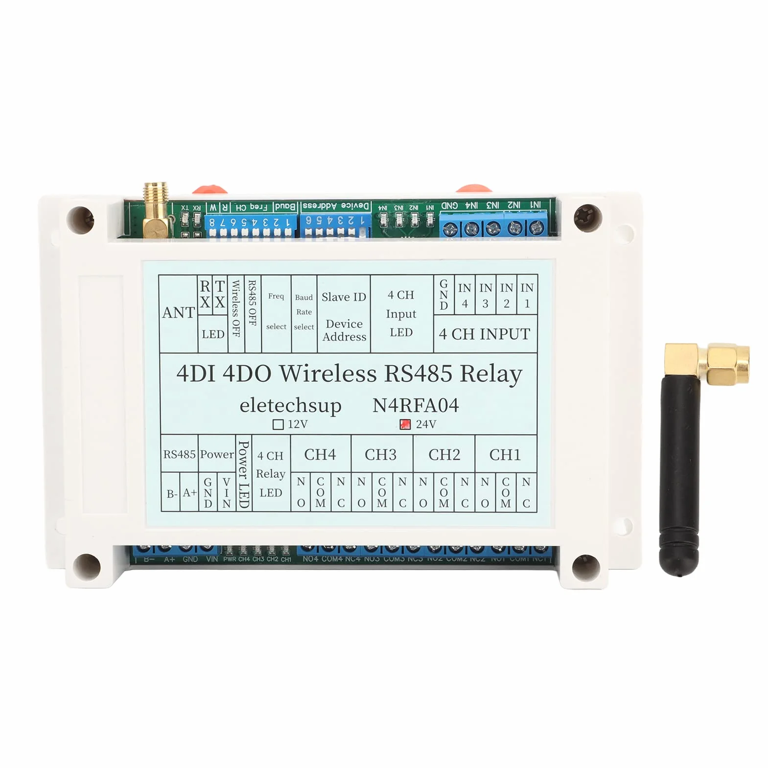 Modulo Relè Wireless con 4 Ingressi/uscite, Ricevitore Trasmettitore RS485,Inclusa - Controlla Facilmente I Tuoi Dispositivi da Remoto(24 V)