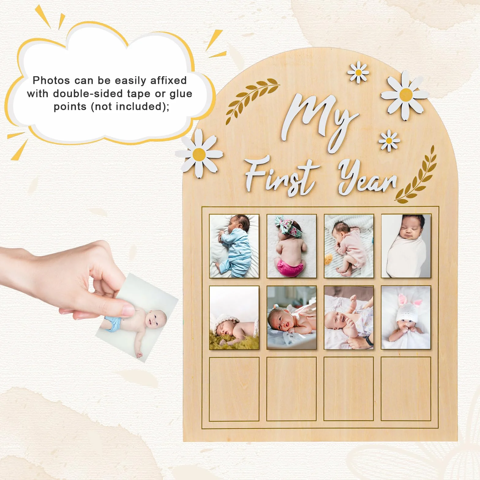 NQEUEPN Cornice per Foto Mio Primo Anno, Fiore Margherita 3D Espositore per Foto Primo Anno di Bambino Banner Fotografico Mensile su Tavola Legno 12 Mesi Regalo per Neonato Ricordi Primo Compleanno