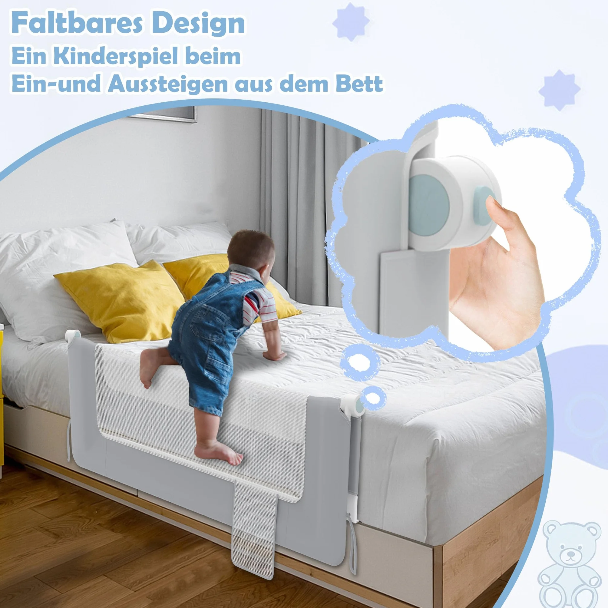 LZQ Zanzariera per letto per bambini, pieghevole, protezione contro le cadute, protezione dal letto, per bambini, protezione contro le cadute (grigio chiaro, 180 cm)
