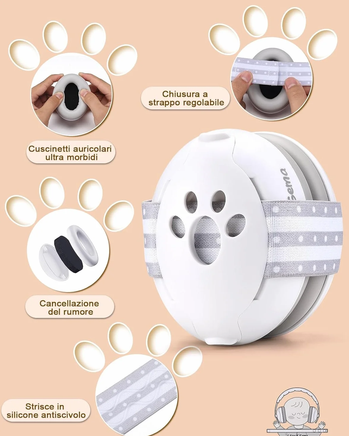 Generico 2 in 1 Cuffie Neonato Antirumore -25dB,Protettori acustici per neonati, archetto regolabile, antiscivolo e antistress, protezione acustica ideale per neonati fino a 48 mesi
