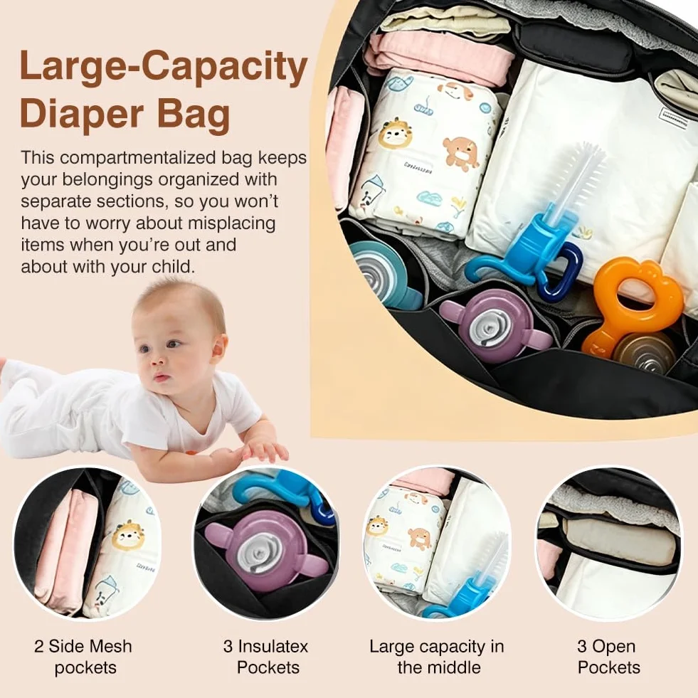 FARYODI Borsa fasciatoio multifunzione per mamme, grande borsa per pannolini con tracolla regolabile, scomparto separato per ciuccio, per viaggi, spiaggia