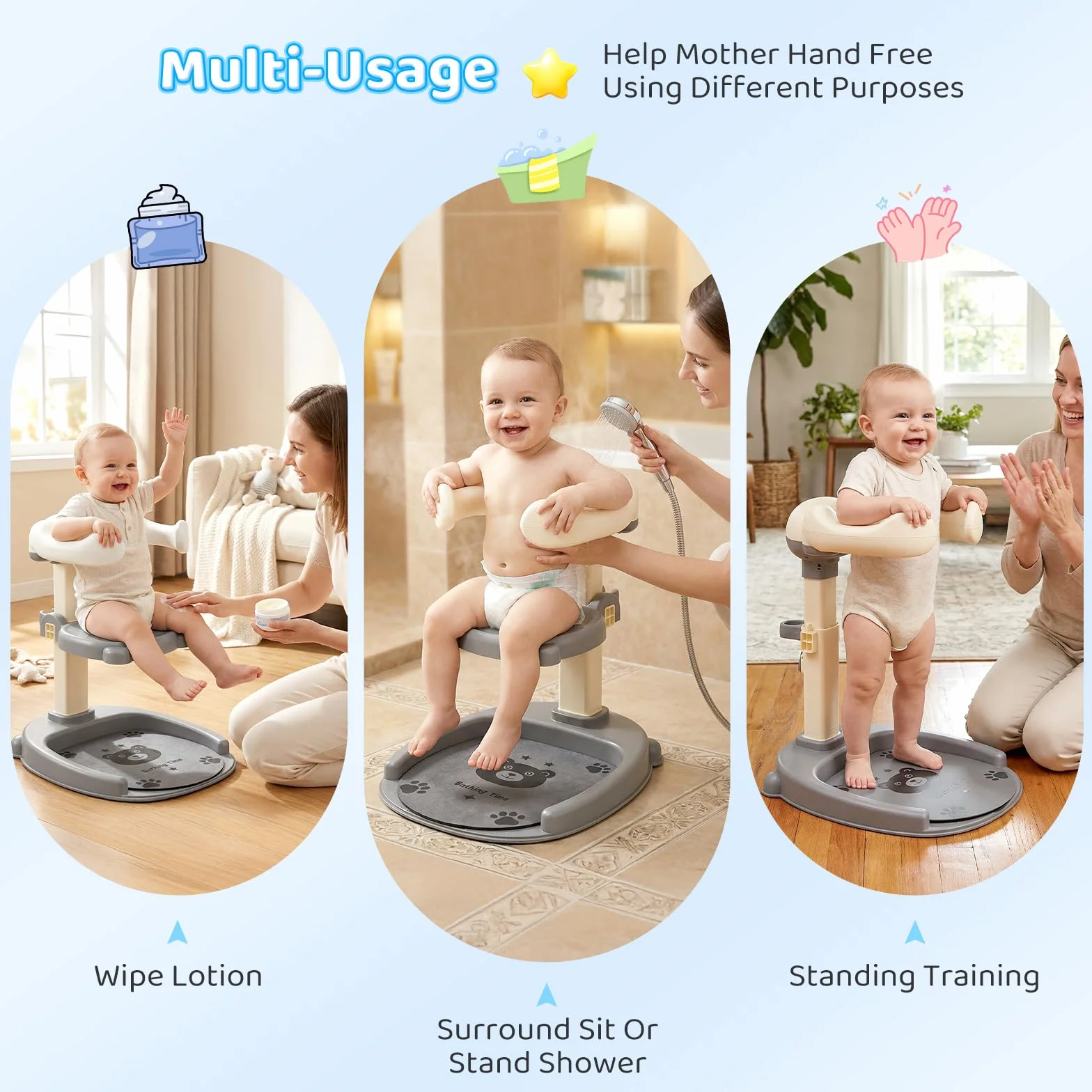 Supporto per Doccia per Bambini 2 En 1,Soporte De Baby Shower,Con Soporte Para Cabezal De Ducha,Altura Ajustable,Con Piso Sin Deslizamiento Y Mango De Seguridad,Soporte De Ducha Durante 8-36 Meses