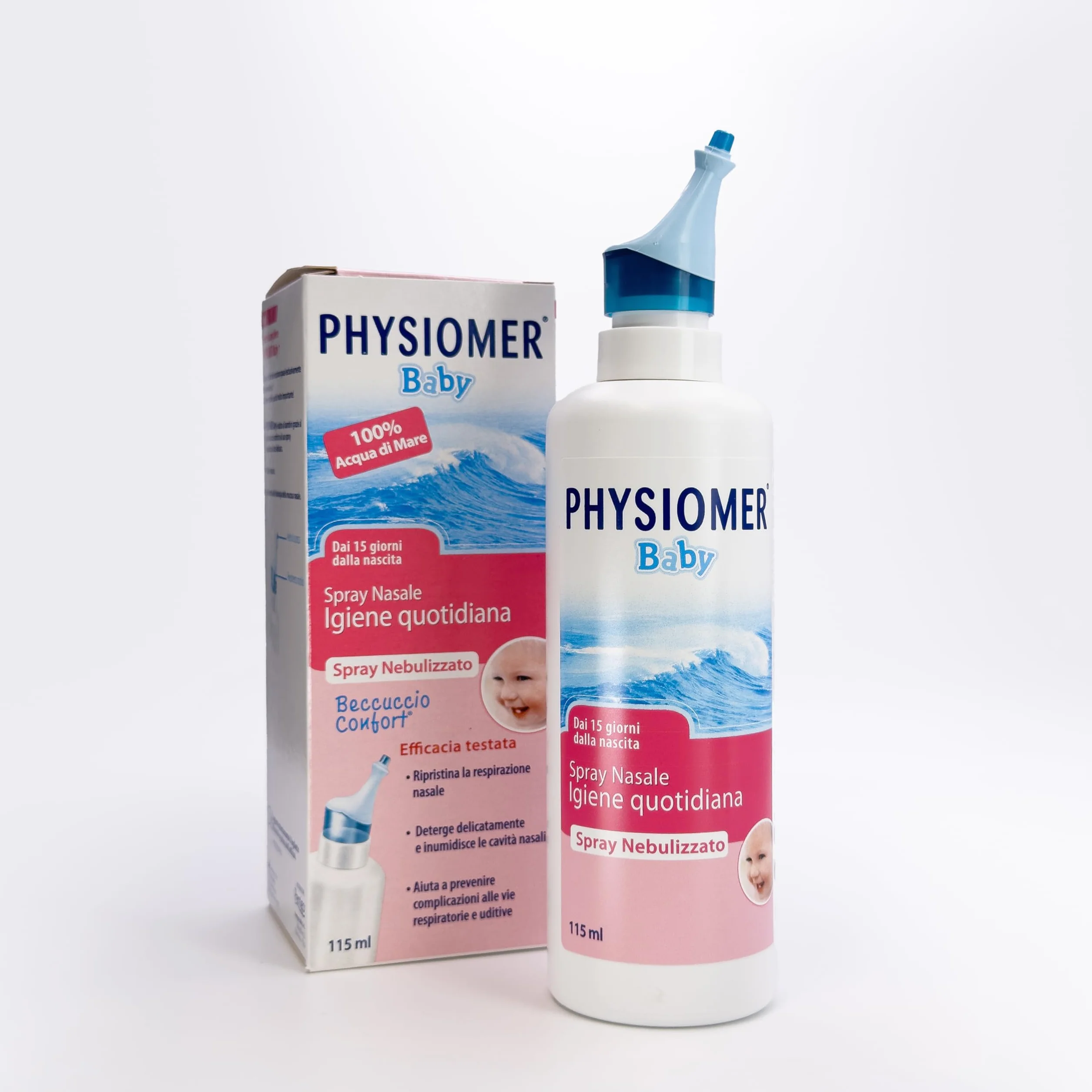 Physiomer® Baby Spray Nasale 115 ml - Naso chiuso e che cola - 3in1: Libera │ Allevia│ Ripristina - Acqua di mare pura al 100% │Dai 15 giorni di età│Nebulizzazione Delicata│Comfort Tip®