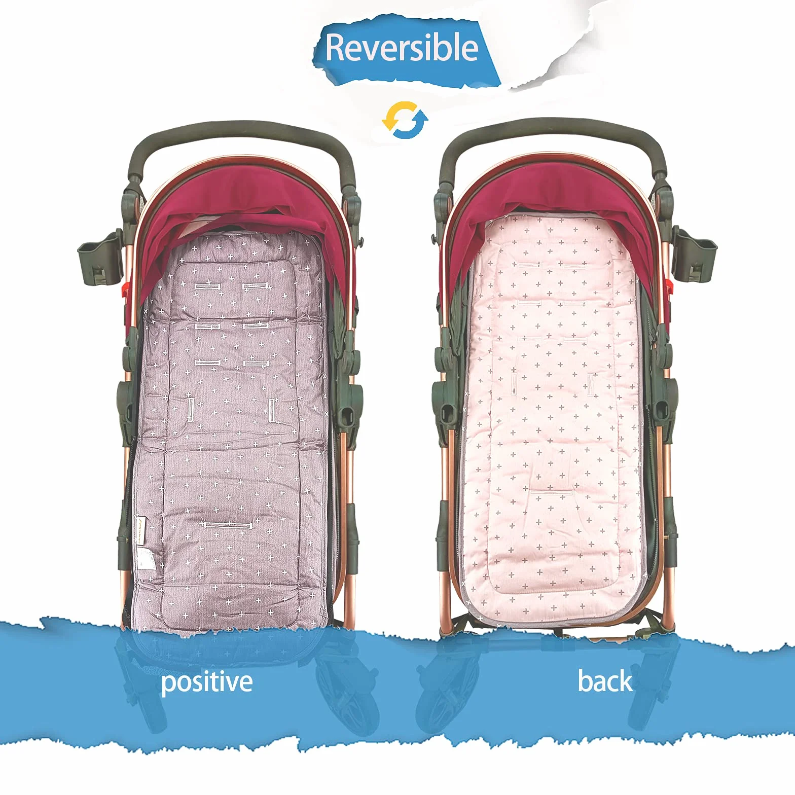 Miracle Baby Riduttore Passeggino Universale Neonato,Copriseduta per Passeggini,Morbido & Reversibile in Puro Cotone Copri Seggiolino Auto,Infant Cuscino Pad (Croce Rosa Grigia)
