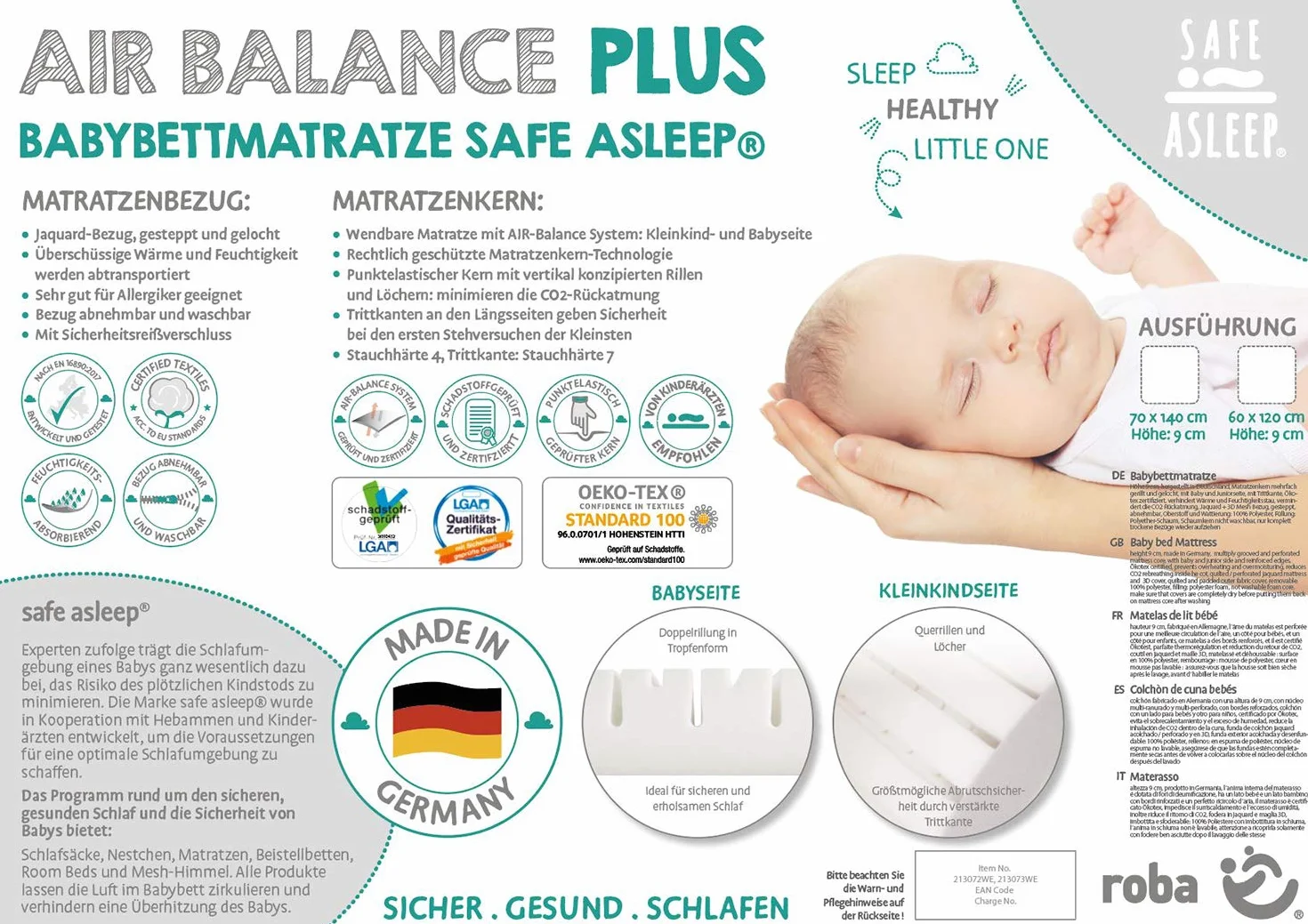 roba Materasso per Lettino safe asleep - Serie Air Balance Plus - 60 x 120 x 9 cm - con Zip - Sfoderabile e Lavabile - Trapuntato e Traspirante - Bianco