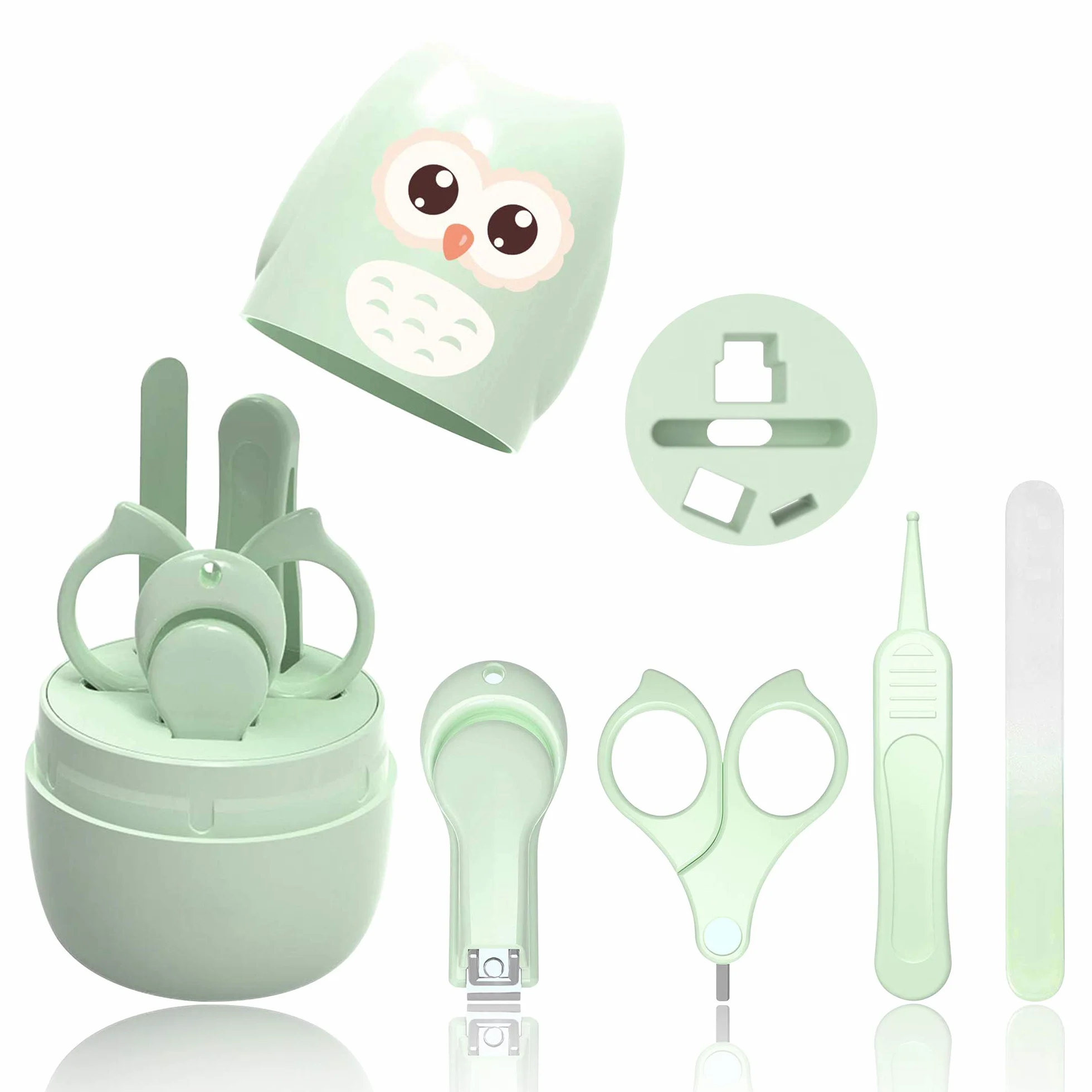 Set Manicure Neonati| Kit 4-in-1 per Baby, con Forbicine, Tagliaunghie, Lima e Pinzetta in Custodia con Gufo | Sicuro, Facile da Usare|Ottima Idea Regalo per Nascita o Battesimo