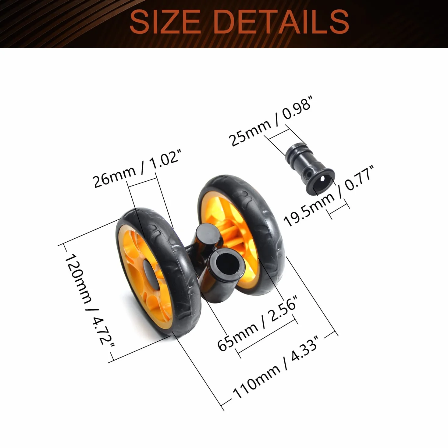 MroMax - Ruote girevoli in plastica per passeggino, diametro 120 mm, spessore 25 mm, nero e giallo