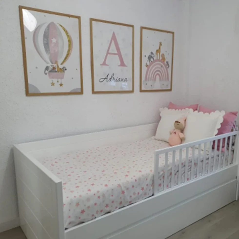 Youihom 3 posteri camera da letto ragazza tavolo bebe arcobaleno mongolfiera animali rosa tela con nome personalizzato parete art déco regalo senza cornice