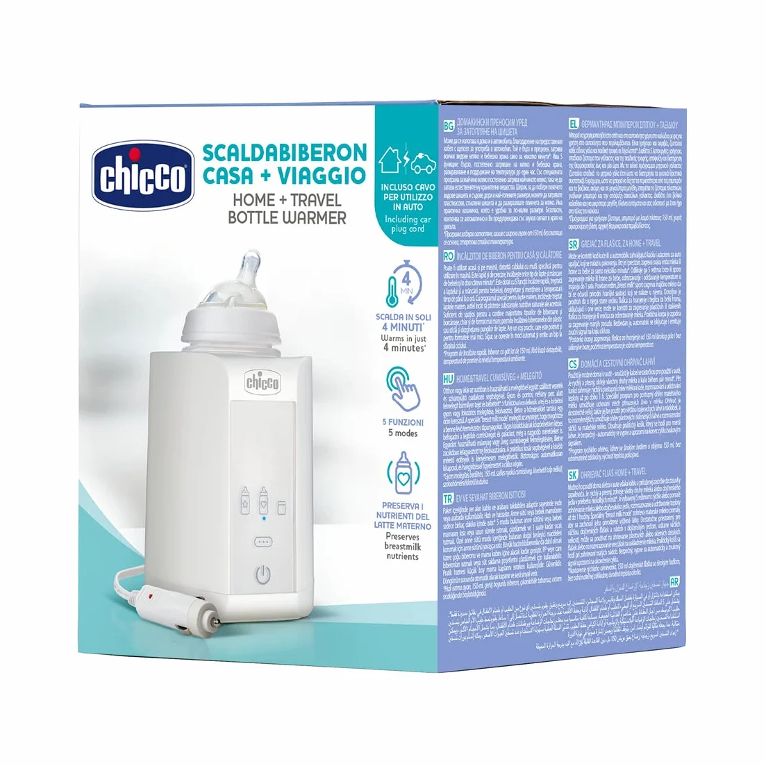 Chicco Scaldabiberon Portatile da Viaggio e Scalda Pappa con 3 Programmi e Spegnimento Automatico, Scalda in Modo Graduale, Anche per Vasetti e Latte Materno, Mantiene il Calore, 220W, Bianco, 1 Pezzo