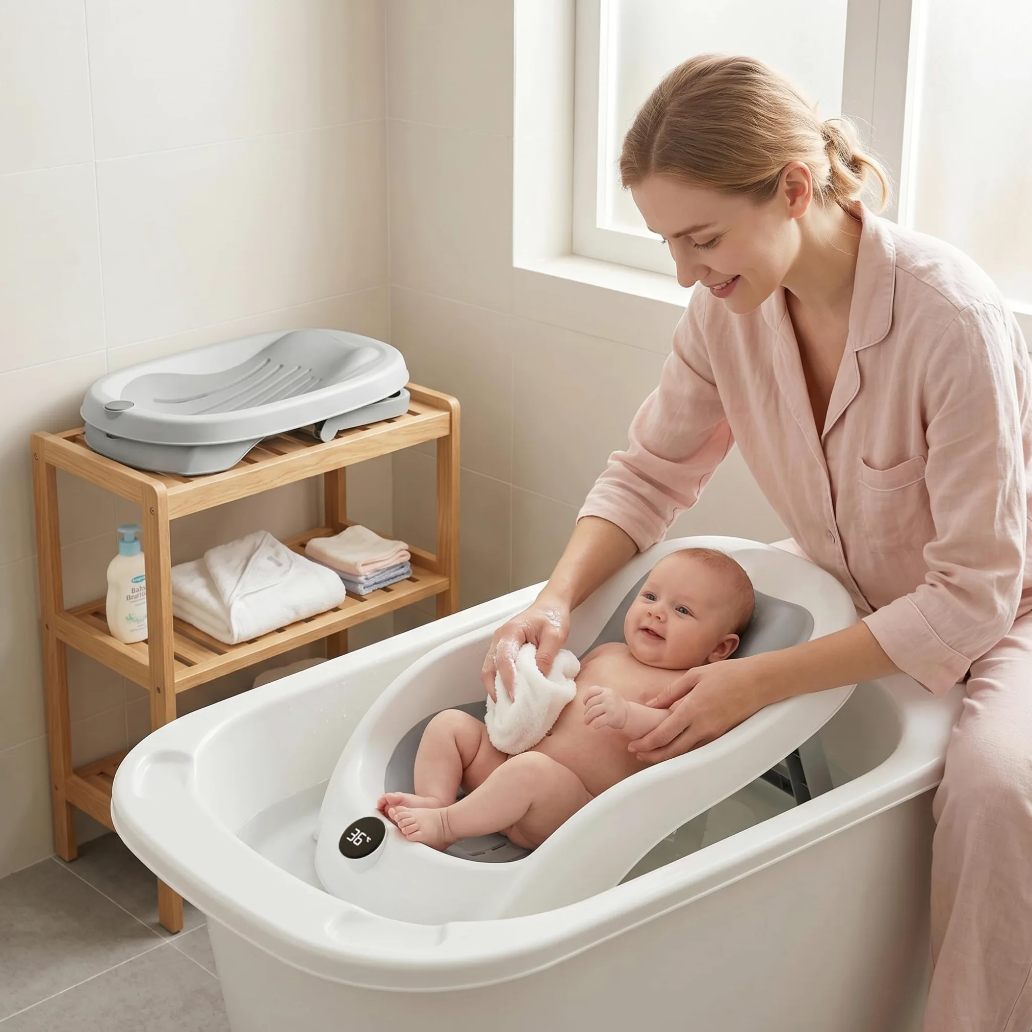 Supporto per bagnetto, vaschetta per il bagnetto con display digitale della temperatura e drenaggio, seggiolino pieghevole per vasca da bagno antiscivolo per neonati (grigio) #1