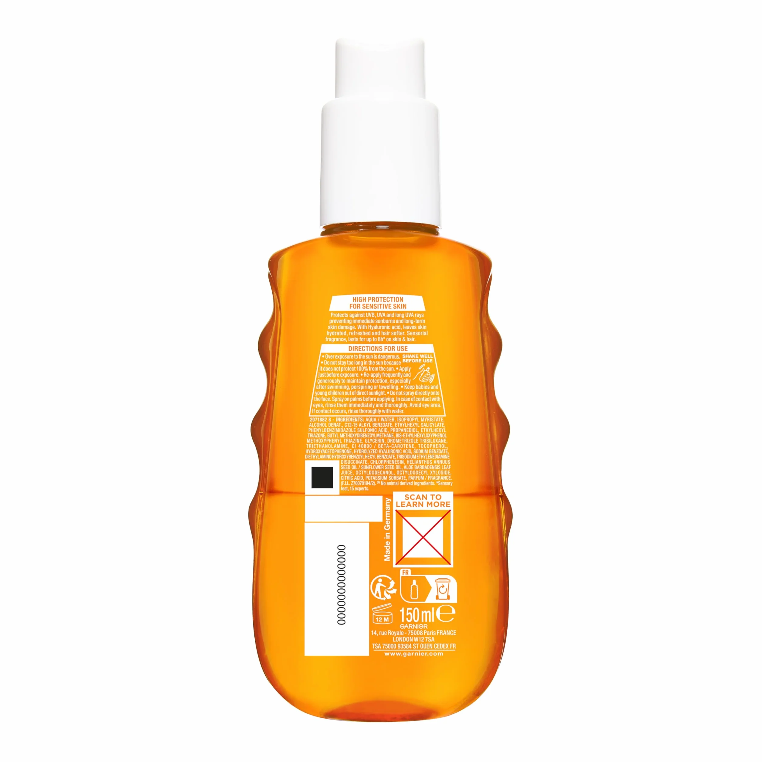 Garnier Acqua Solare Idratante SPF 30, Per Tutti i Tipi di Pelle, Idratazione e Protezione dagli UV, Resistente ad Acqua, Sudore e Sabbia, Finish Invisibile, Ambre Solaire Advanced Sensitive, 150 ml