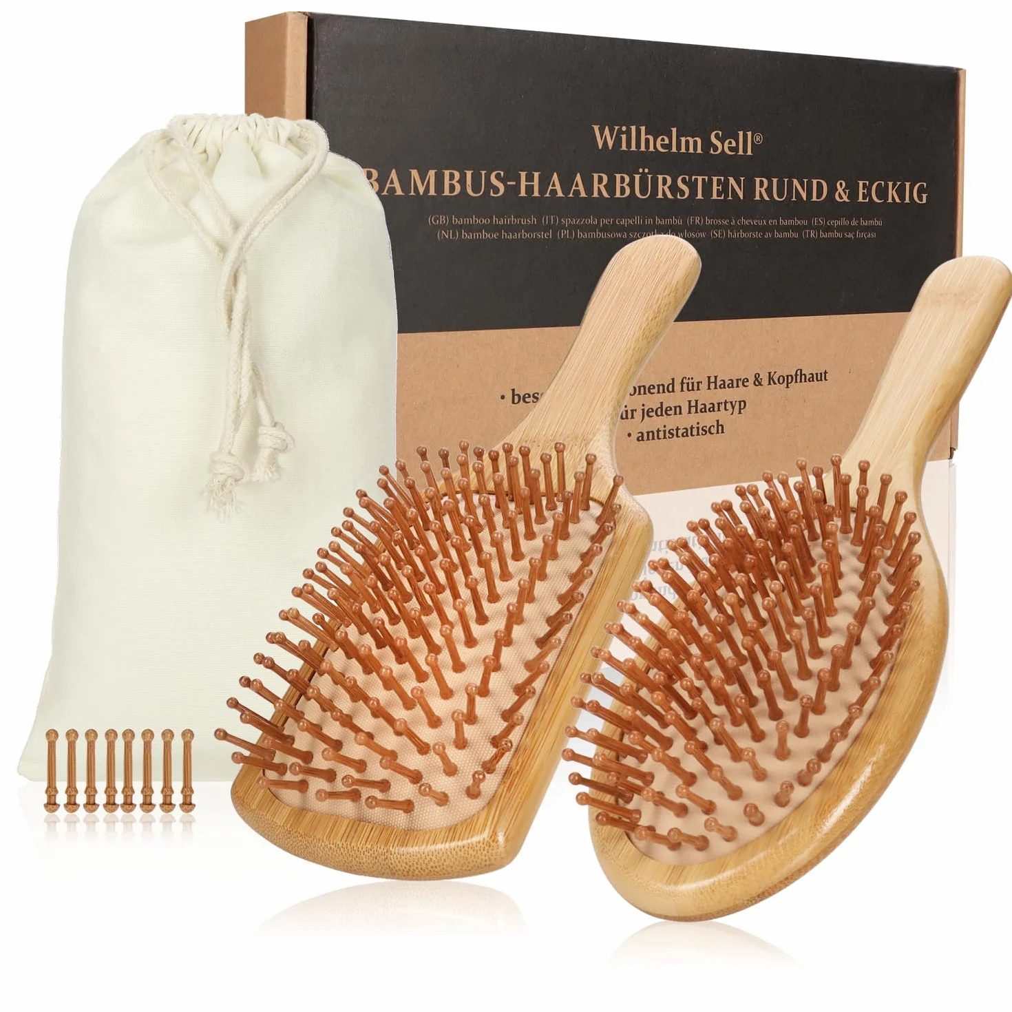 Set da 2 spazzole in bambù con setole naturali – Spazzole paddle ecologiche per donna, uomo e bambino – Massaggio alla cute per capelli sani