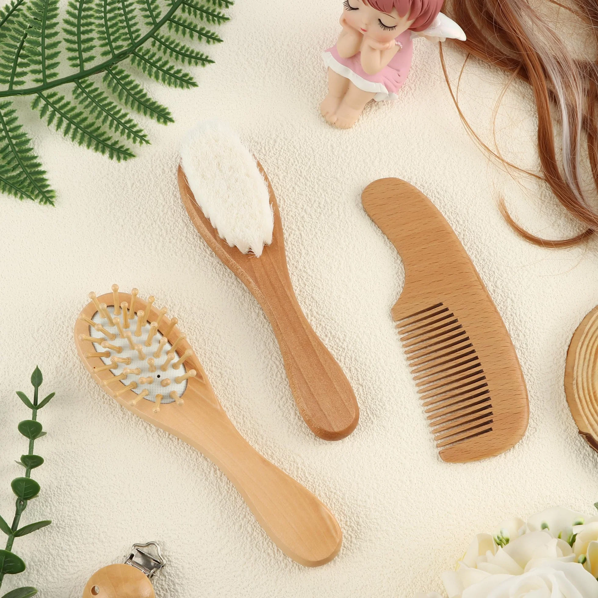 Set di pettini per bambini, in legno naturale, con setole morbide di capra, per neonati, cura del cuoio capelluto, accessori per bambini