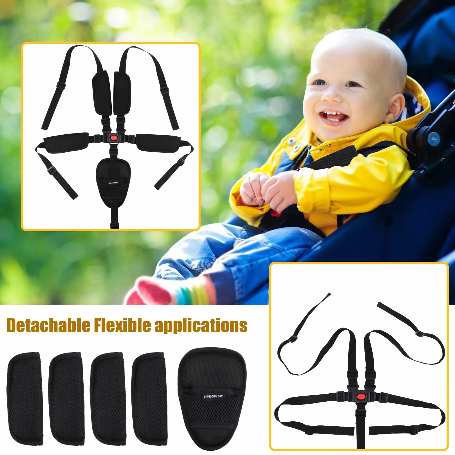 Cintura di Sicurezza per Bambini, Universale Cintura di Sicurezza a 5 punti Regolabile per Seggiolone Pappa, Passeggini, Sedie, Ganci per Biciclette