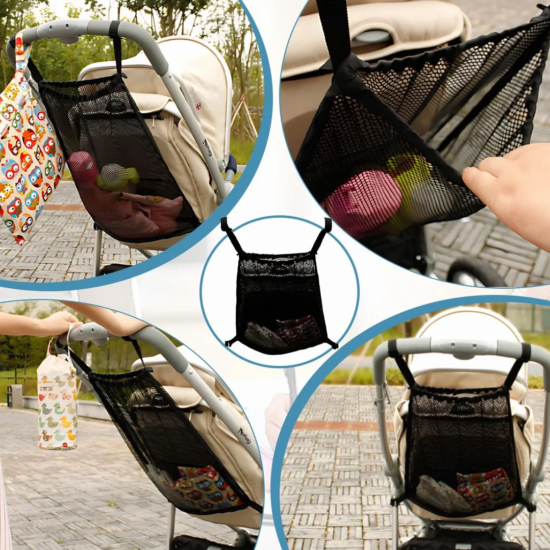 1 Pezzo Borsa in Rete 30×50cm Universale per Carrozzine, Passeggini, Passeggini Sportivi, Jogger per Gemelli/Chiusura a Scatto Semplice,Nero