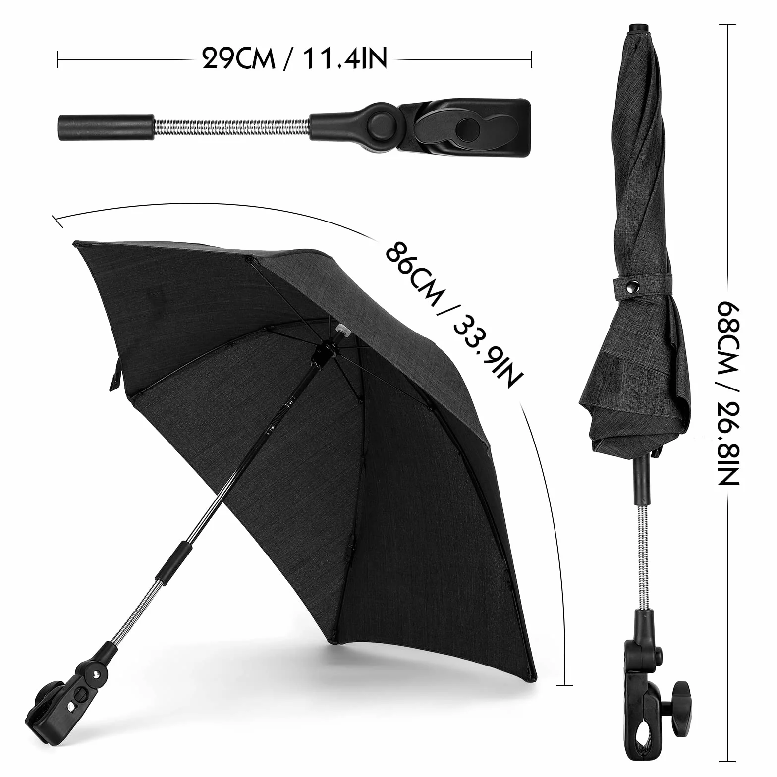 Ombrellino Parasole Universale, Ombrellino per Passeggino e Carrozzina, Protezione Anti UV 50+, Diametro 78 cm, con Supporto Universale, Fissaggio per Tubo Rotondo o Ovale, Nero