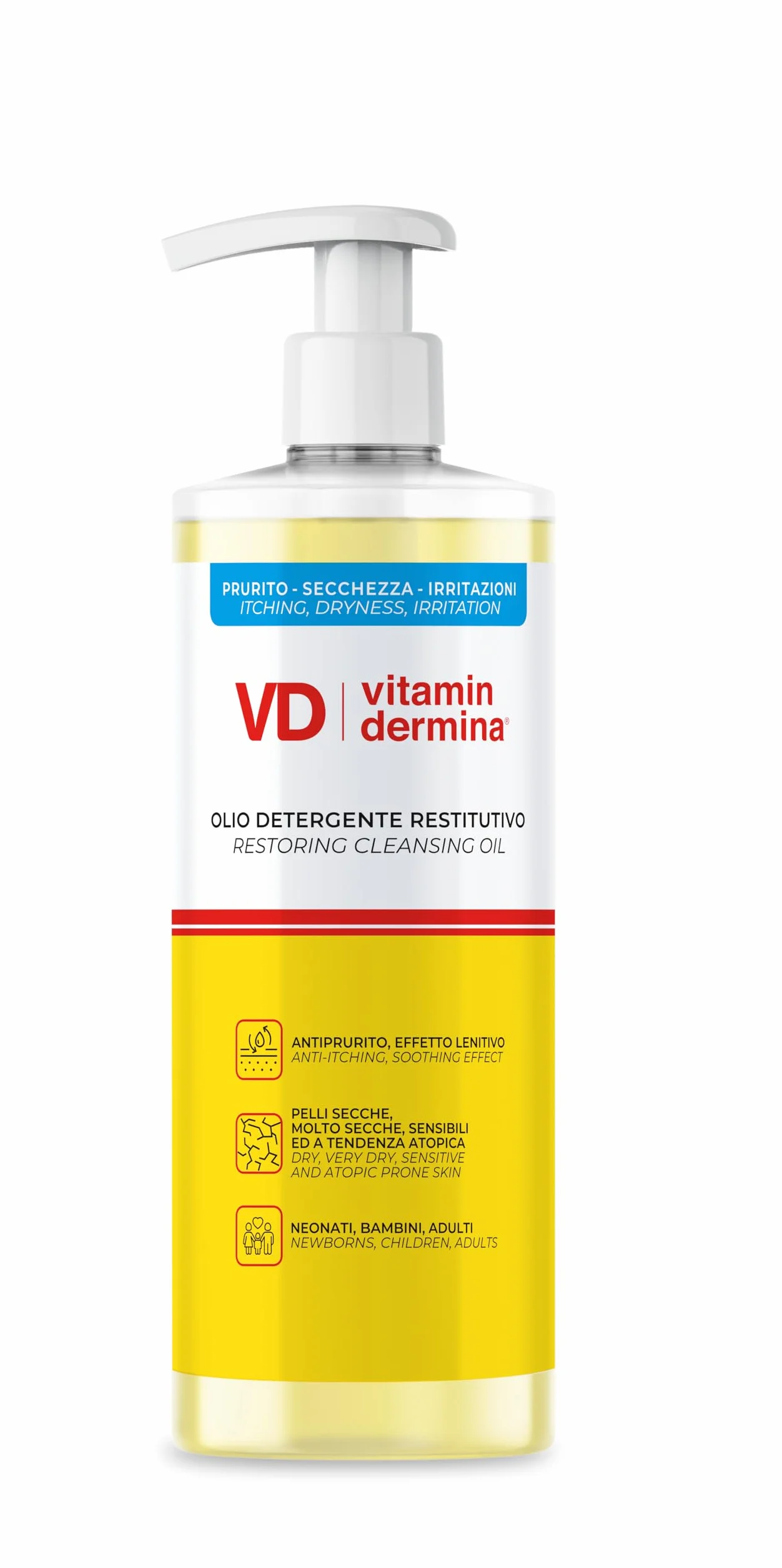 VITAMINDERMINA Olio Detergente Restitutivo 500 ml – Detersione Corpo – Per Pelli Secche, Molto Secche, Sensibili, a tendenza atopica– Lenitivo e Antiprurito – Per Neonati, Bambini e Adulti