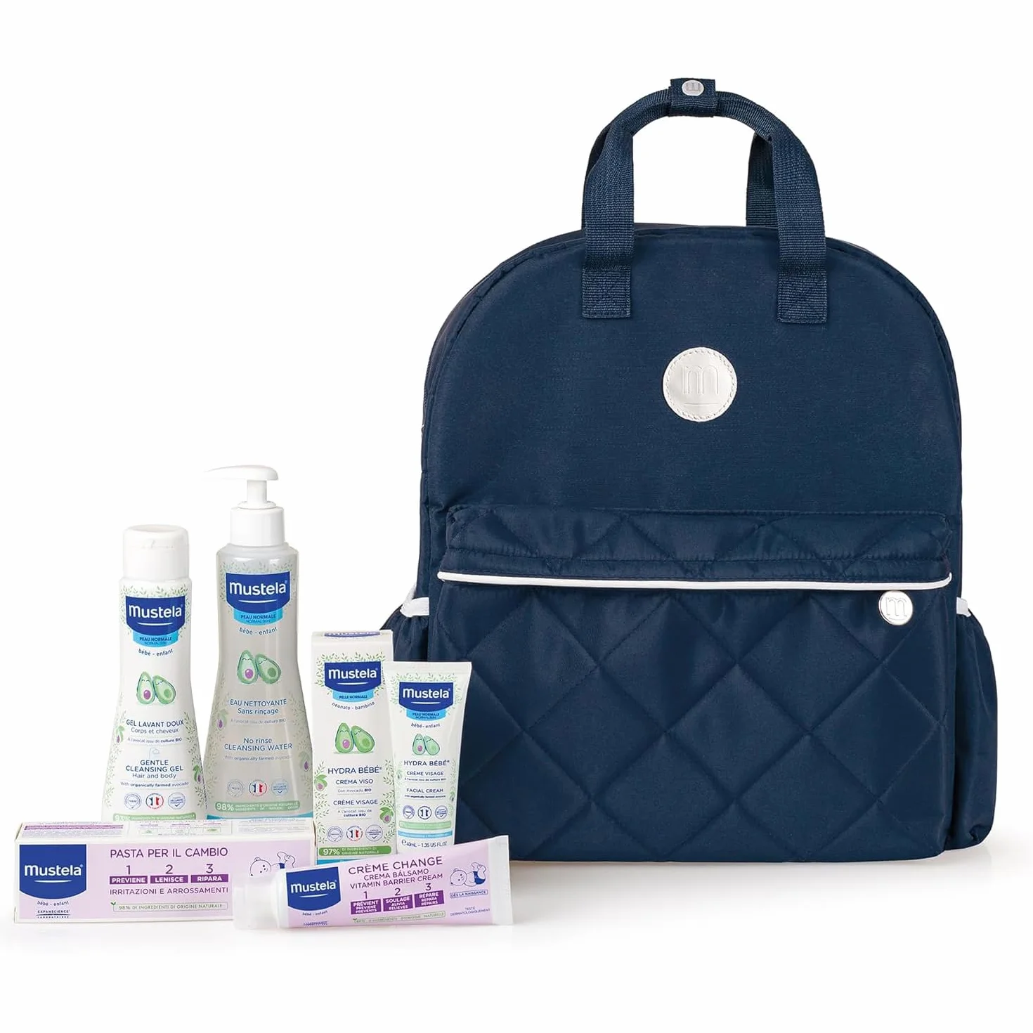 Mustela Zaino Prime Coccole Kit Nascita per Viso Corpo Cambio Pannolino Neonati Blu