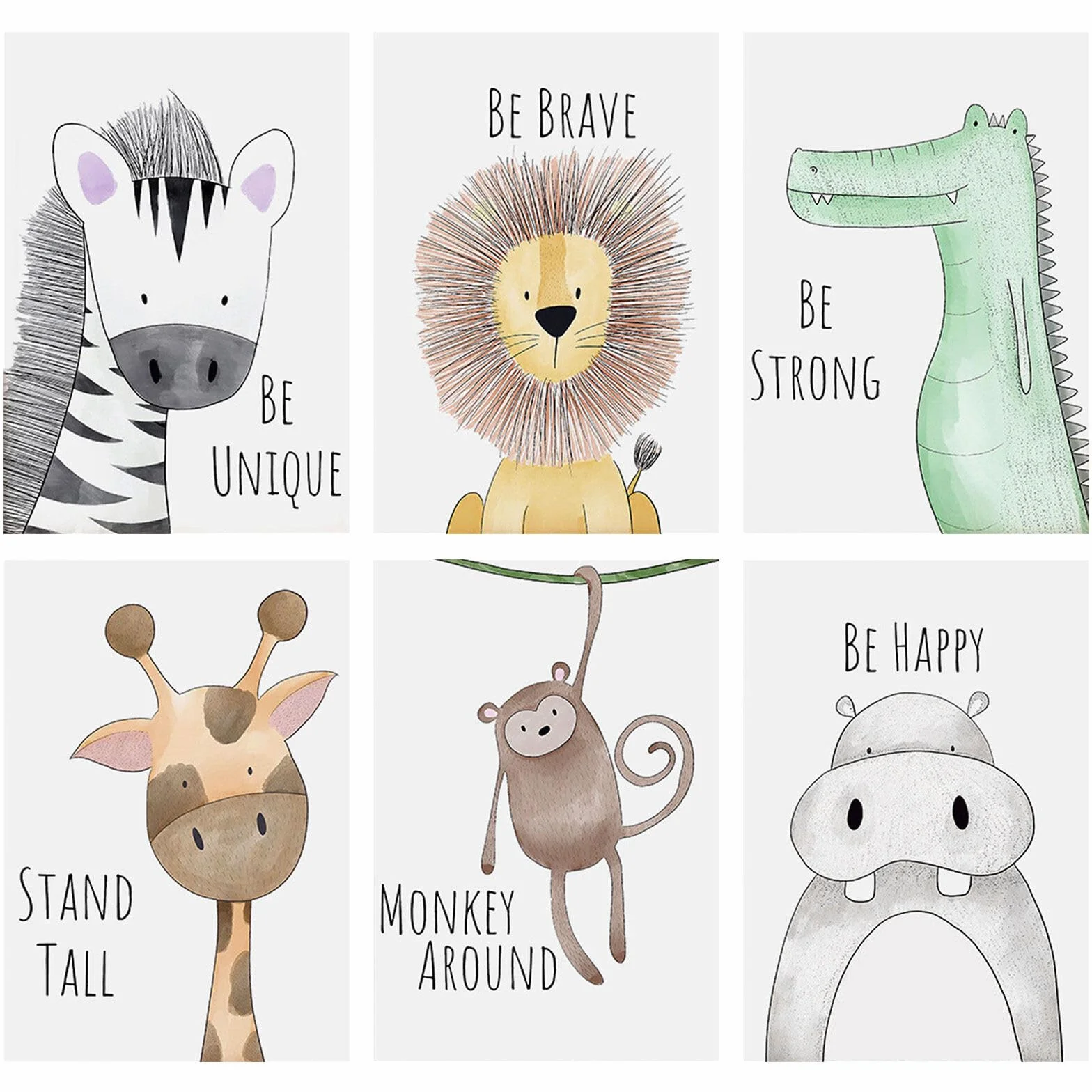 Hwtcjx Set di 6 immagini per la Cameretta dei Bambini, Quadri Cameretta Bambino, Decorazione per Bambini, Quadri per Camera Bambini, Animali Della Foresta, Safari, Senza Cornici (20 x 30 cm) (Set 1)