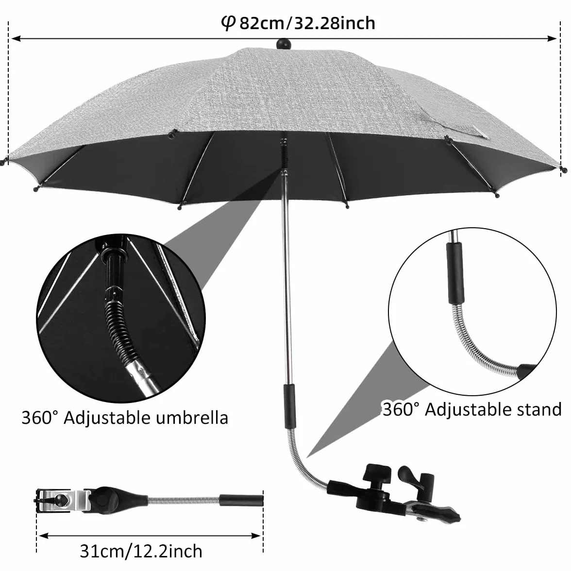 Ombrello Passeggino Universale Anti UV 50+, Ombrellone Passeggino Universale con Morsetto Regolabile e Braccio Regolabile, Ombrello Passeggino Comfort per Esterni Spiaggia Giardino