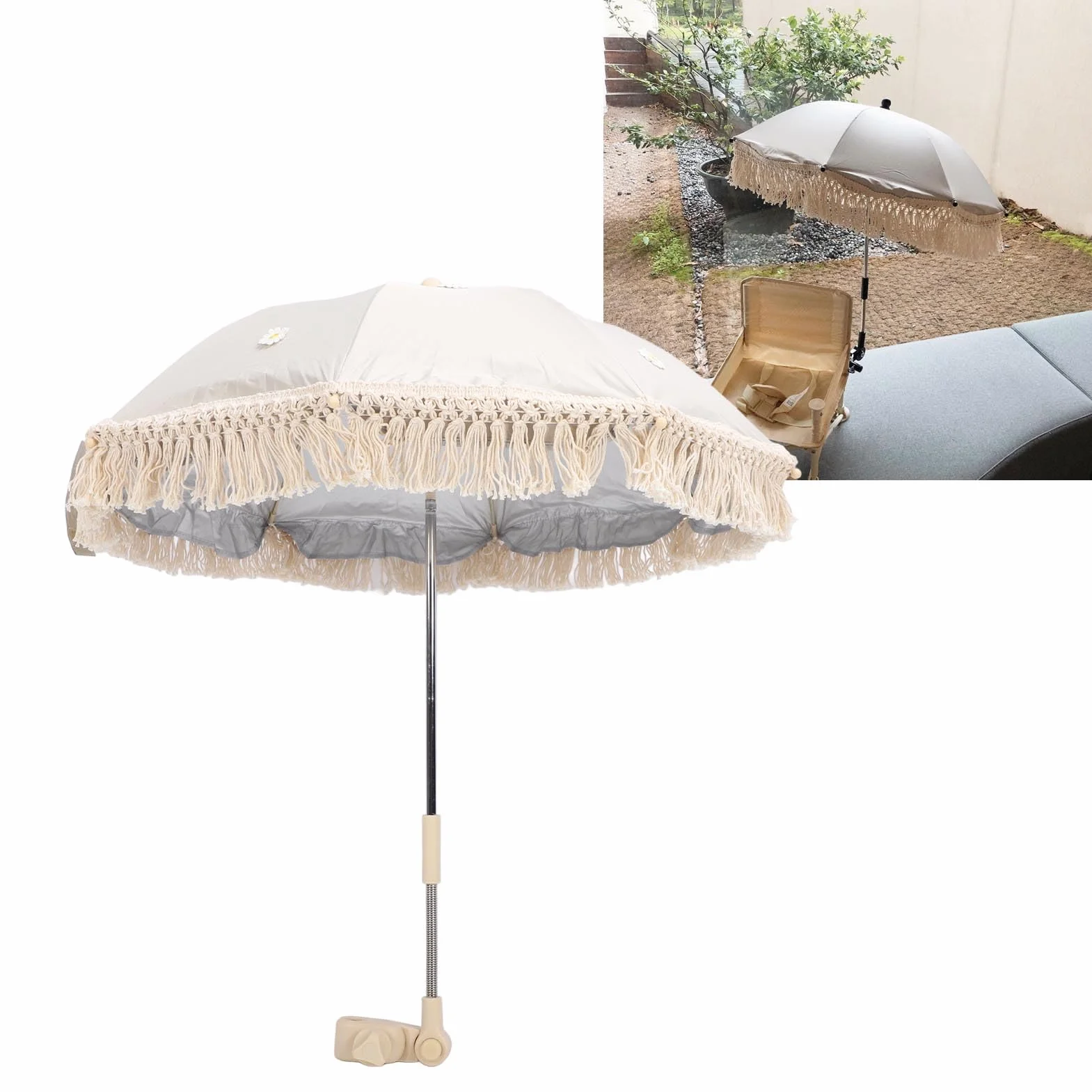 Ombrellone parasole per bambini, resistente ai raggi UV, per bambini, spiaggia, con nappe per passeggino, passeggino, tribune (beige con piccolo crisantemo)