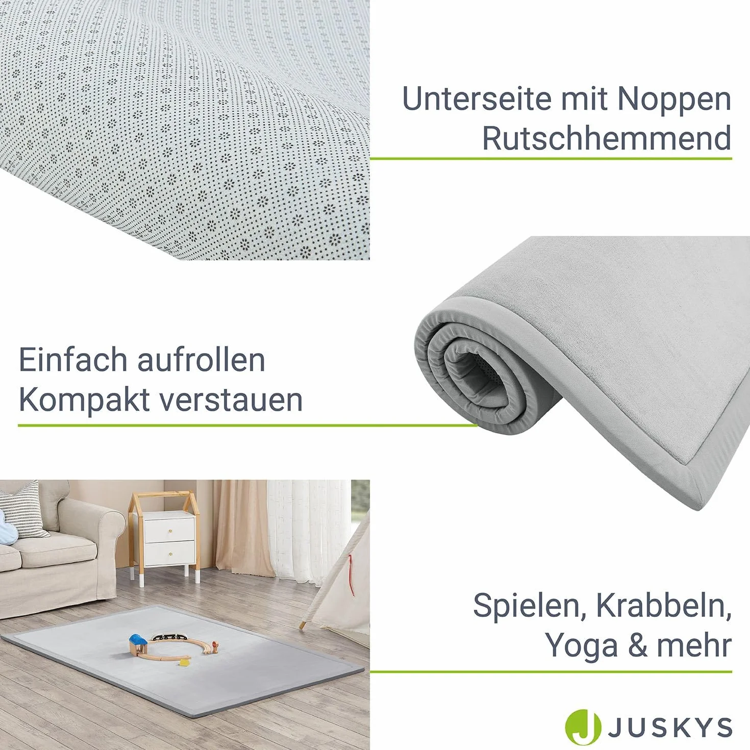Juskys tappeto morbido e antiscivolo da 180x120 cm per gattonare, ideale per bambino, neonato, yoga – Grigio