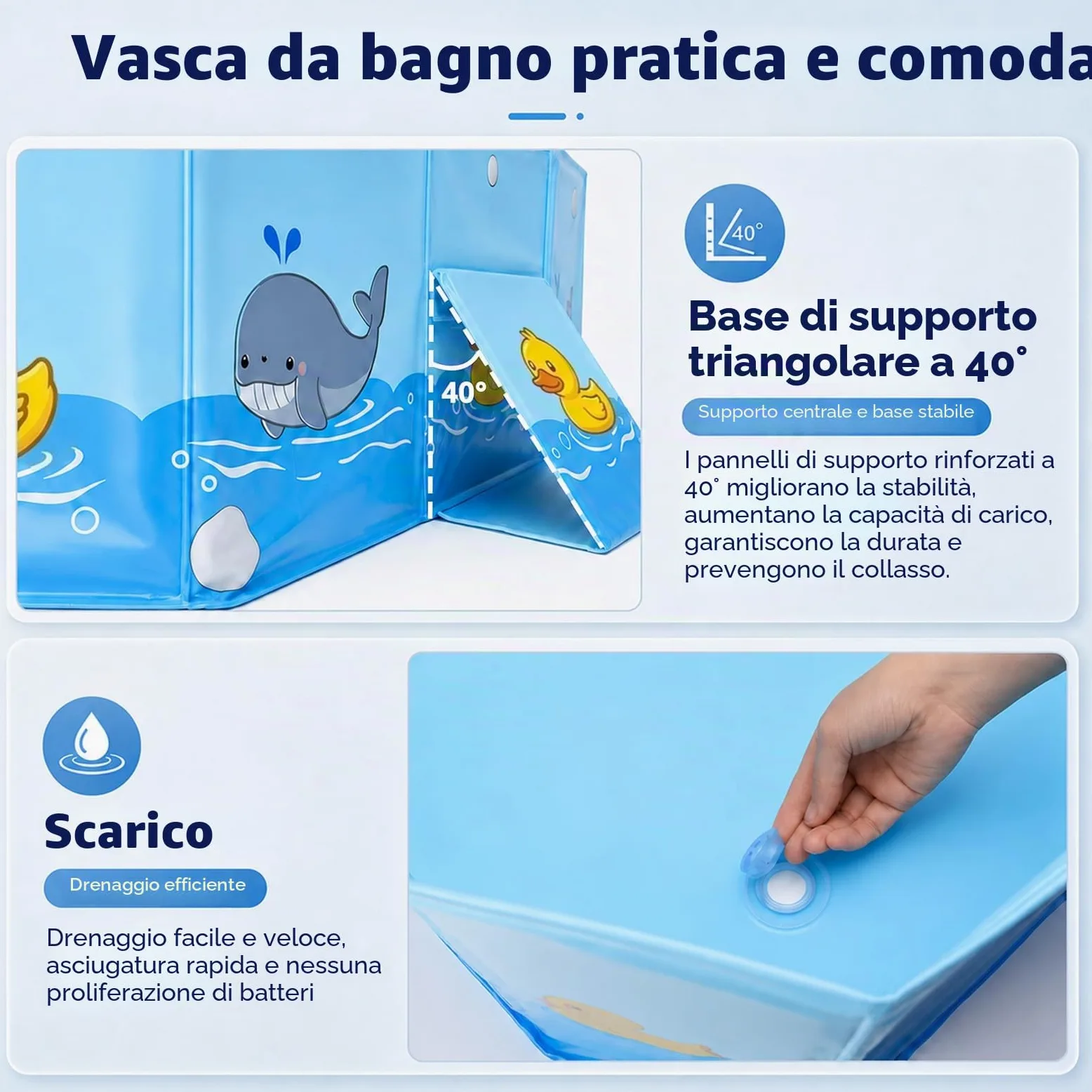 Vasca da Bagno Pieghevole per Bambini, con Supporto Triangolare, 78x41x21cm | con Vite di Scarico, Portatile ad Alta Capacità Vaschetta Bagnetto Neonato Pieghevole per 0-8 Anni, Stabile e Resistente