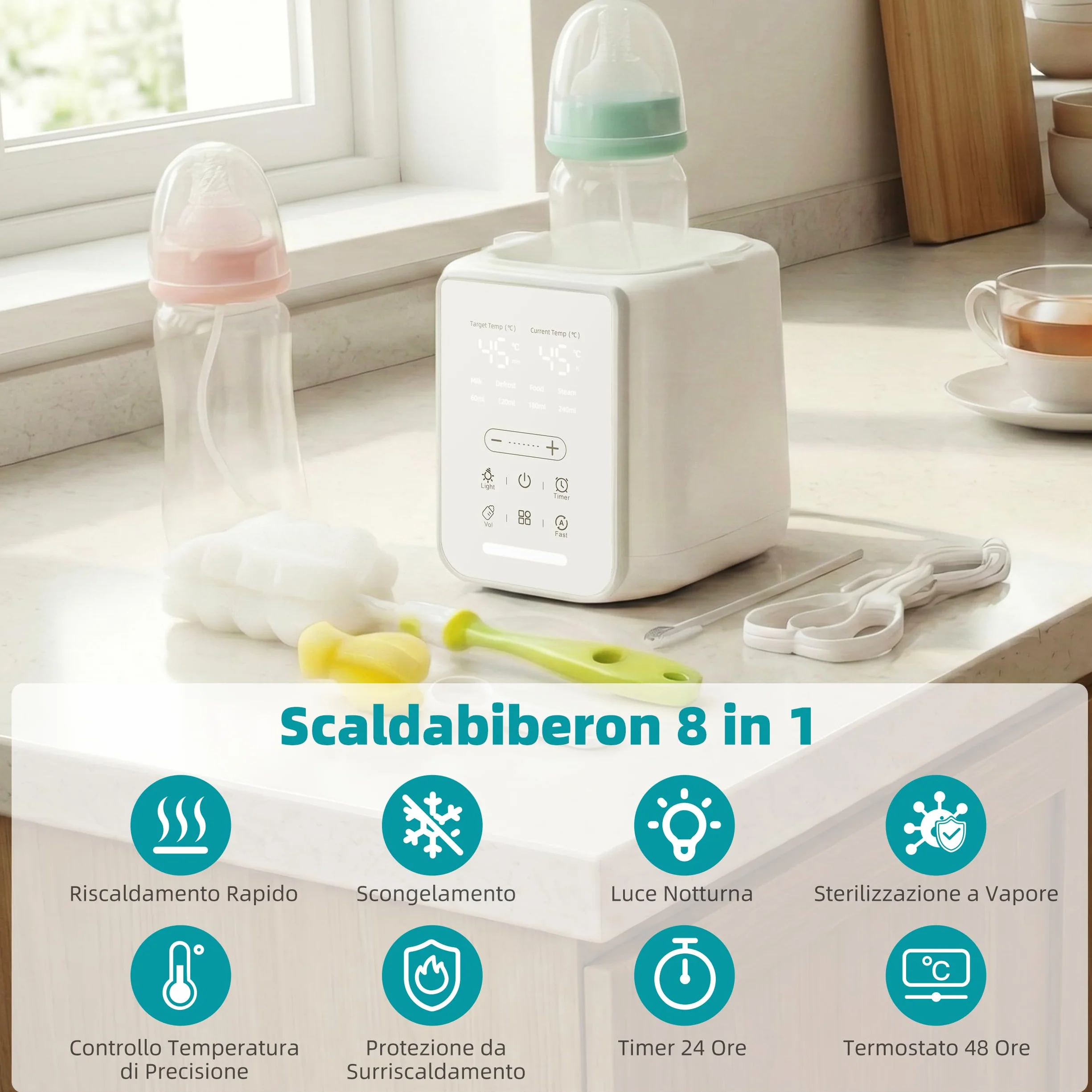 Scaldabiberon 8-in-1 con Controllo Temperatura Intelligente, per Latte Materno e Formula, con Funzione Sterilizzazione, Protezione da Surriscaldamento e Mantenimento della Temperatura Costante
