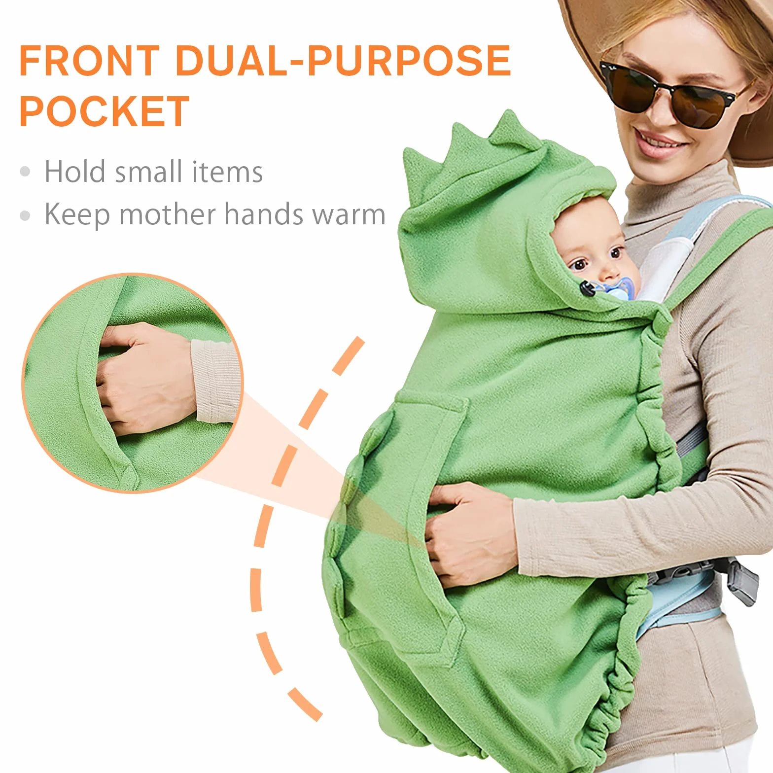 SONARIN Copertina per Marsupio Caldo,Universale Copri Marsupio Cover Invernale per Fascia Portabebè Incappucciato Copertura Mantello A Prova di Vento con Tasca Frontale(Verde)