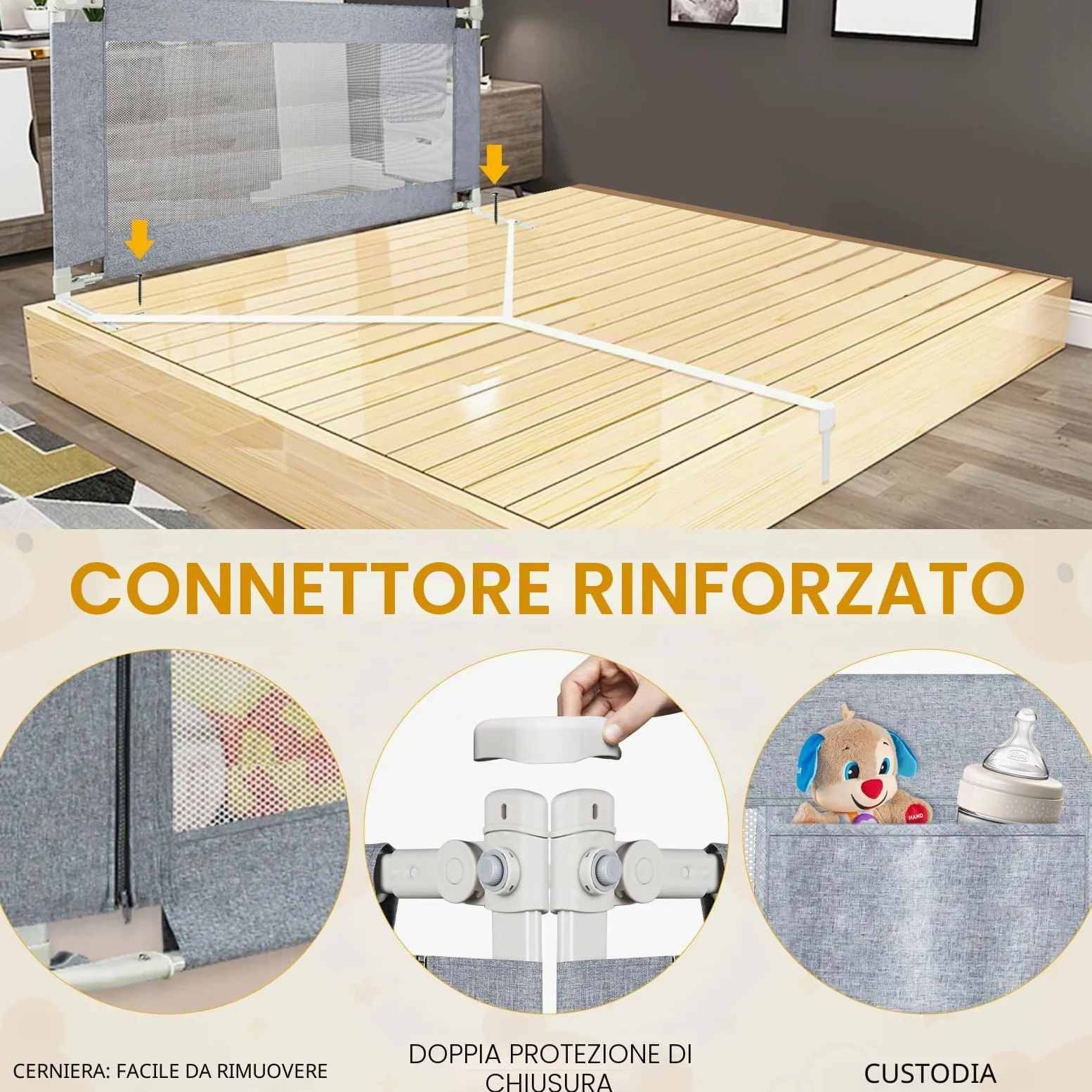 Sponde Letto Bambini，Barriera Letto Bambini，Sponda di Sicurezza per Bambini con Doppio Blocco di Sicurezza per Bambini, Altezza Regolabile，protezione da caduta，1PCS(Grigio) 180cm