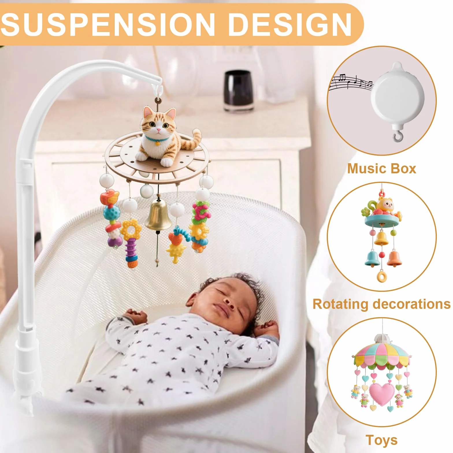 Supporto Giostrina Culla, Supporto Mobile per Lettino, Mobile Ad Angolo Regolabile, Supporto per Lettino, Regalo di Nascita per Neonato, Bianco