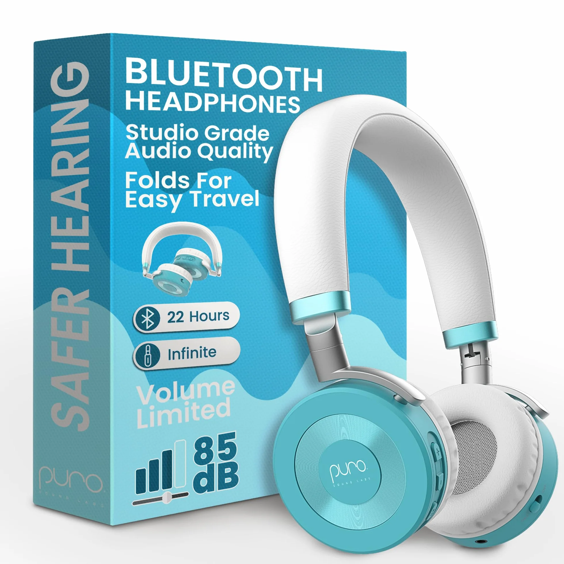 Puro Sound Labs JuniorJam Plus - Auricolari con limitazione di volume per bambini, limite di 85 dB, cuffie Bluetooth regolabili per tablet, smartphone, computer, 22 ore di autonomia