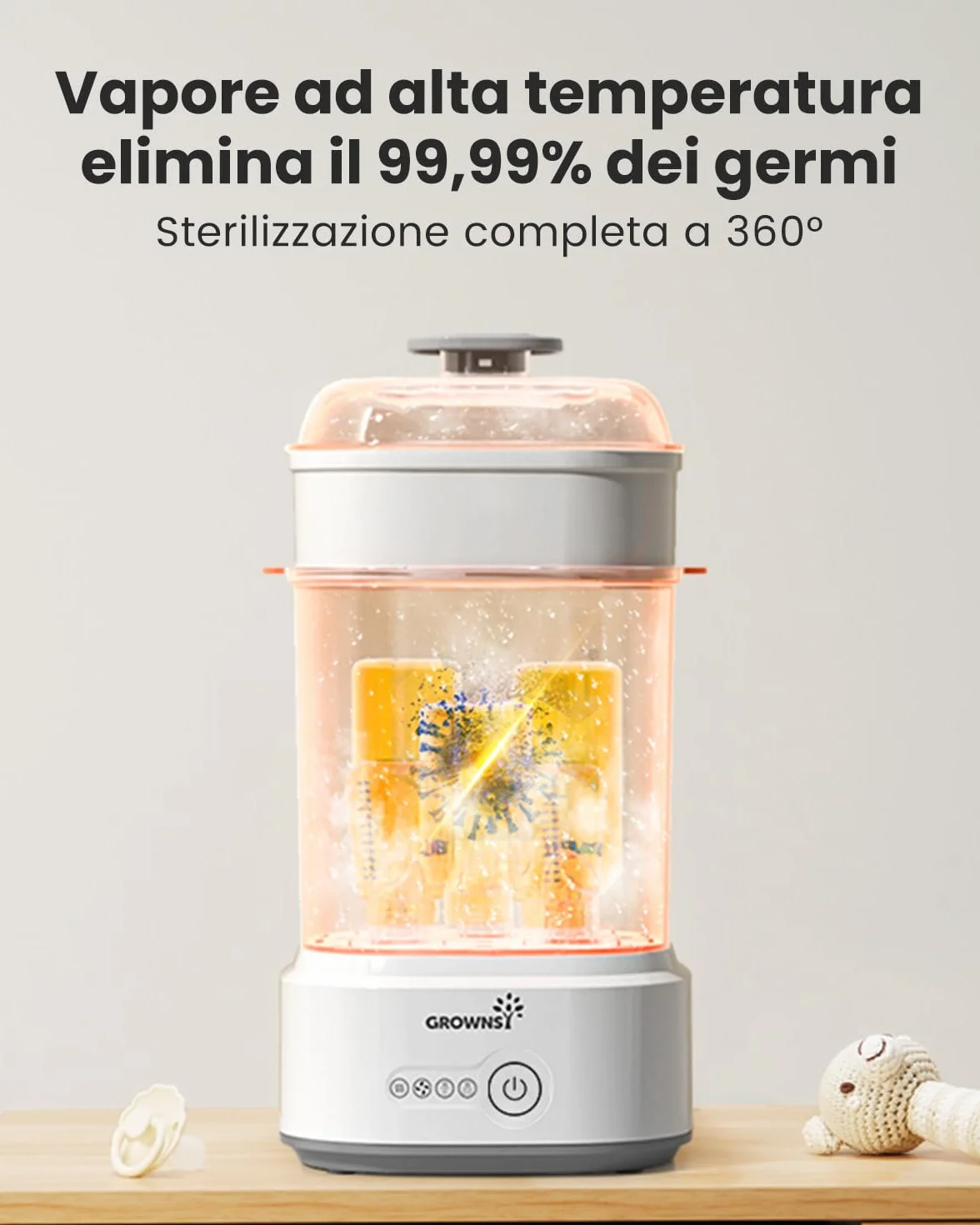 Grownsy Sterilizzatore Biberon con Asciugatura, Sterilizzatore Elettrico a Vapore Compatto per Biberon, Ciucci, Parti del Tiralatte