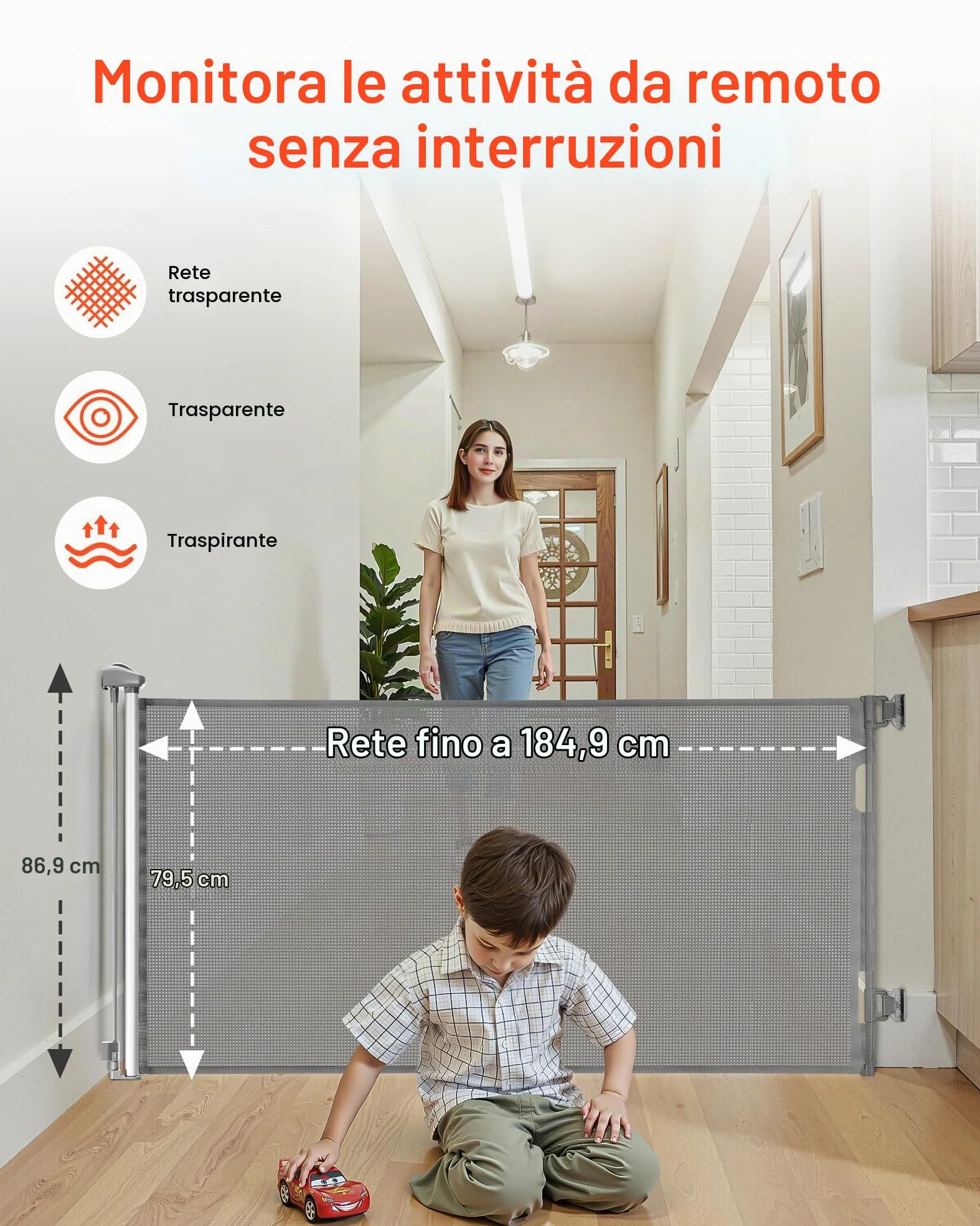 VEVOR Cancelletto Retrattile, Estensibile Fino a 1850 mm di Larghezza, 795 mm di Altezza, con Blocco di Sicurezza, Attraversabile Senza Inciampare, Cancelletto in Rete per Cani Scale, Grigio