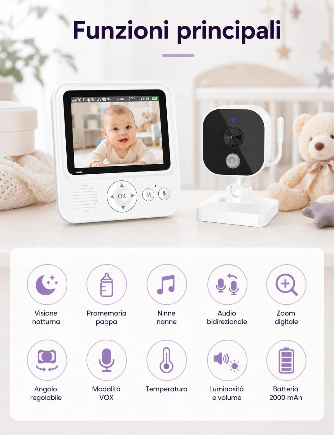 BURNNOVE Baby Monitor con Telecamera, 2000mAh Schermo IPS 2.8" 720P, Visione Notturna, Zoom, Audio Bidirezionale, Modalità VOX, Sensore Temperatura, Ninne Nanne, Connessione FHSS 2.4GHz