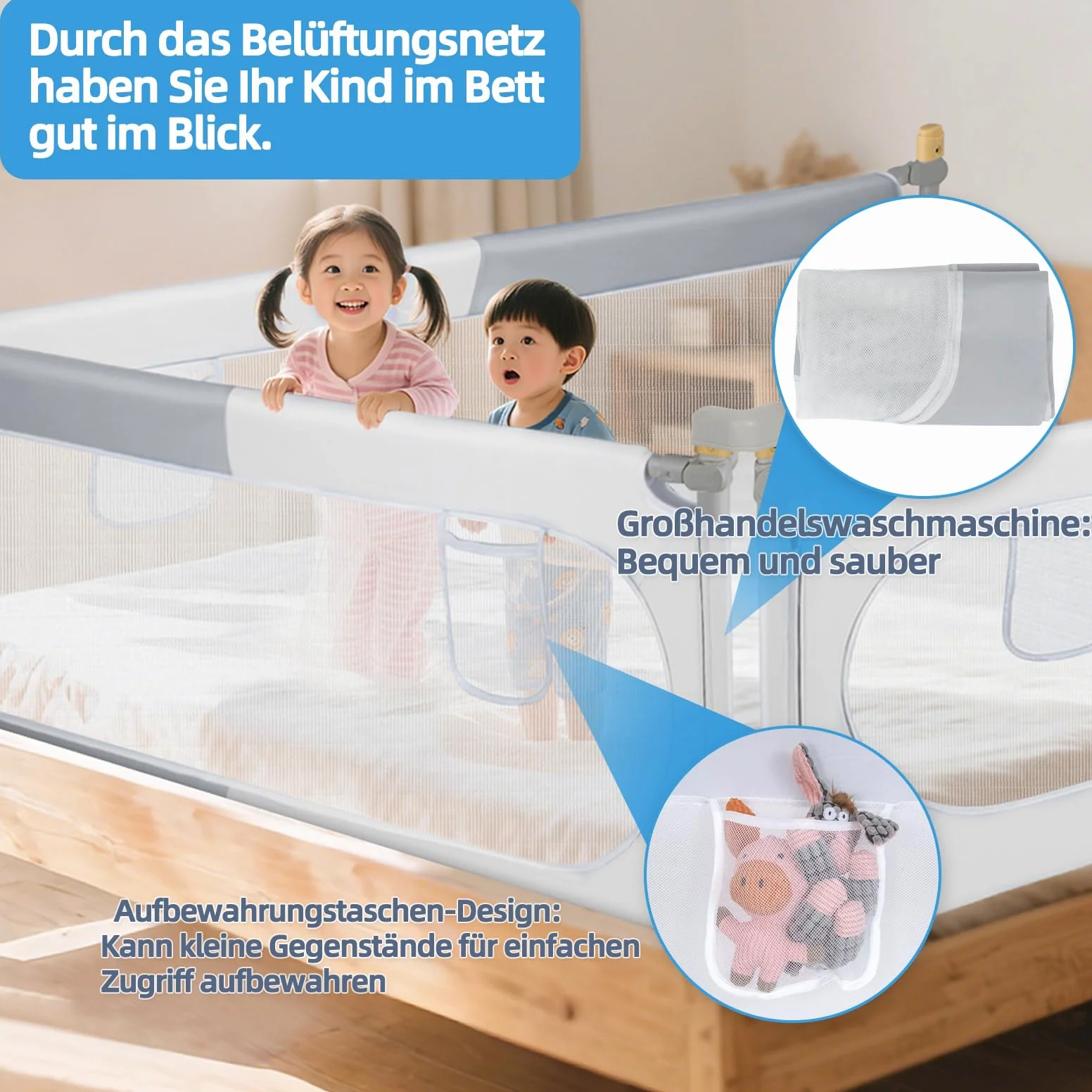 Barriera di protezione per letto, 180 cm, per bambini, pieghevole, protezione anticaduta | Sponda per letto regolabile in altezza a 30 livelli, motivo a blocchi di colore grigio/bianco, tessuto Oxford 302D
